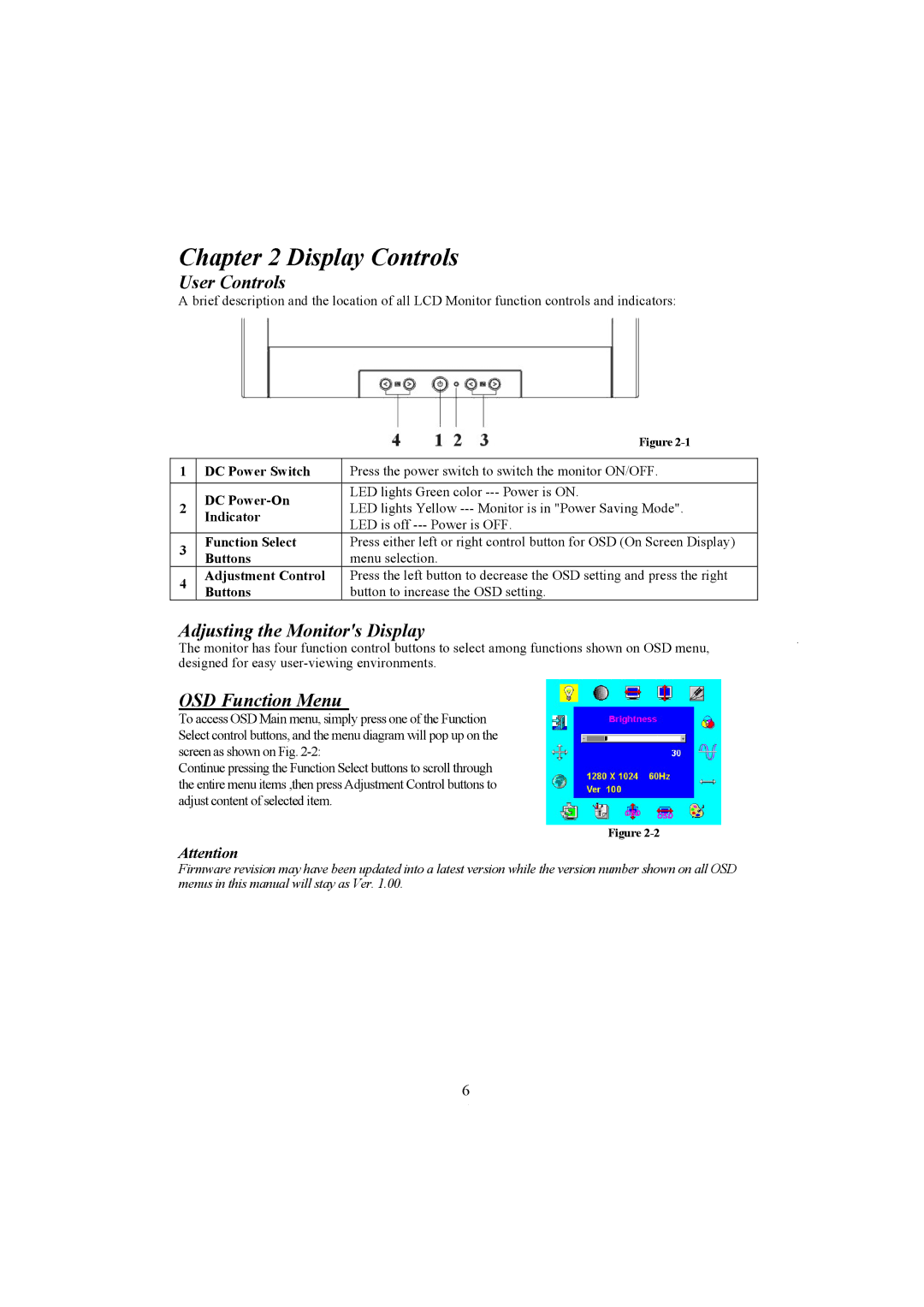 Planar PE171 manual Display Controls, User Controls, Adjusting the Monitors Display, OSD Function Menu 