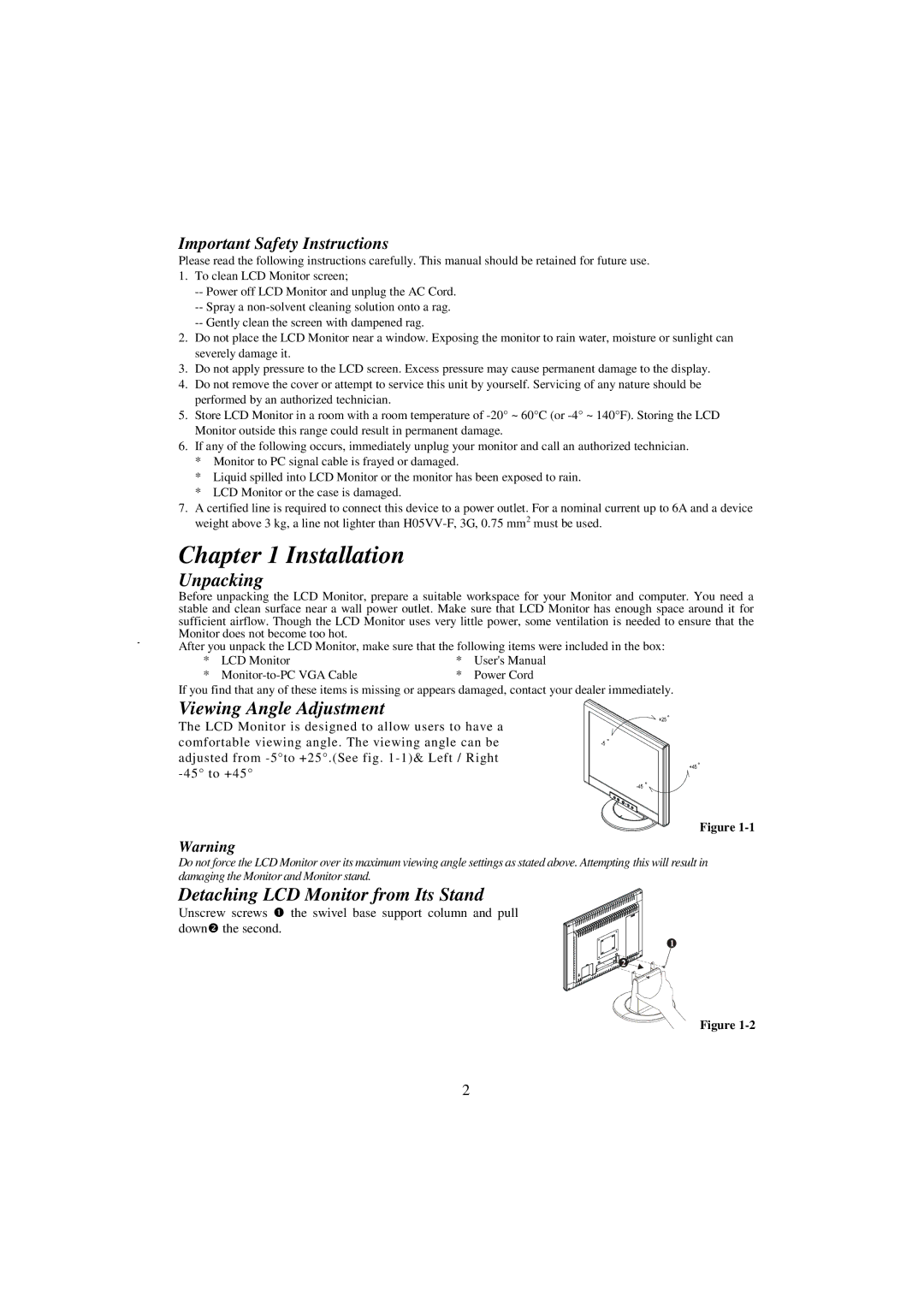 Planar PE190 manual Installation, Unpacking, Viewing Angle Adjustment, Detaching LCD Monitor from Its Stand 