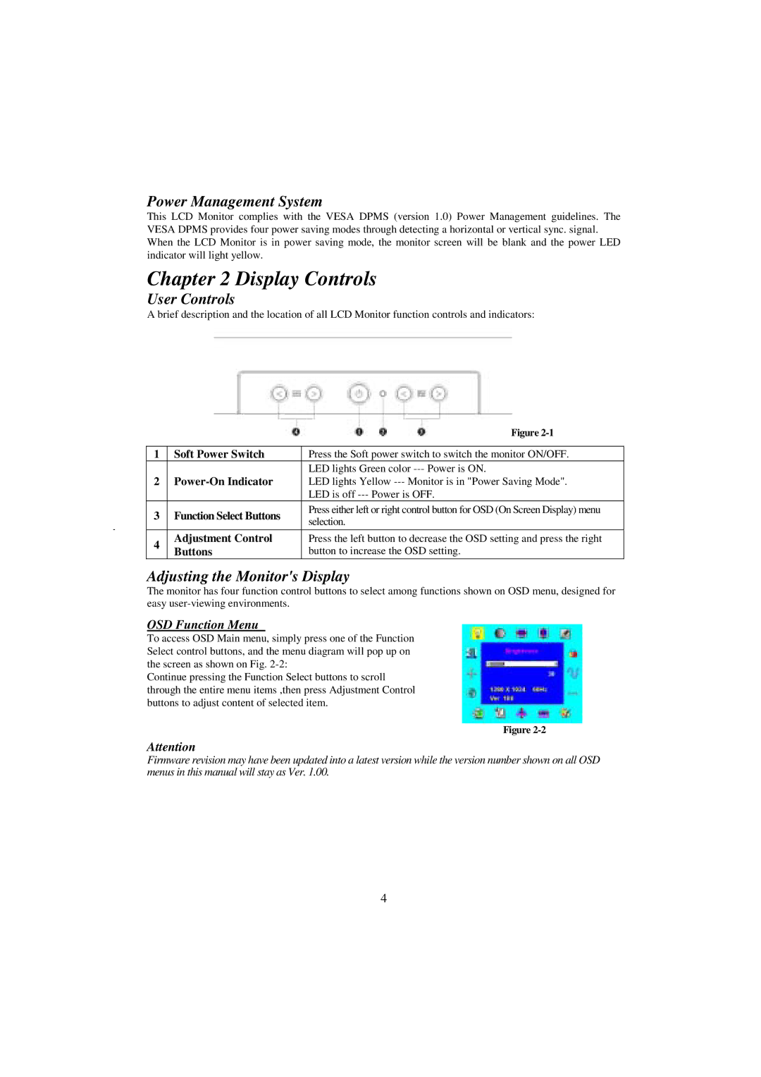 Planar PE190 manual Display Controls, Power Management System, User Controls, Adjusting the Monitors Display 