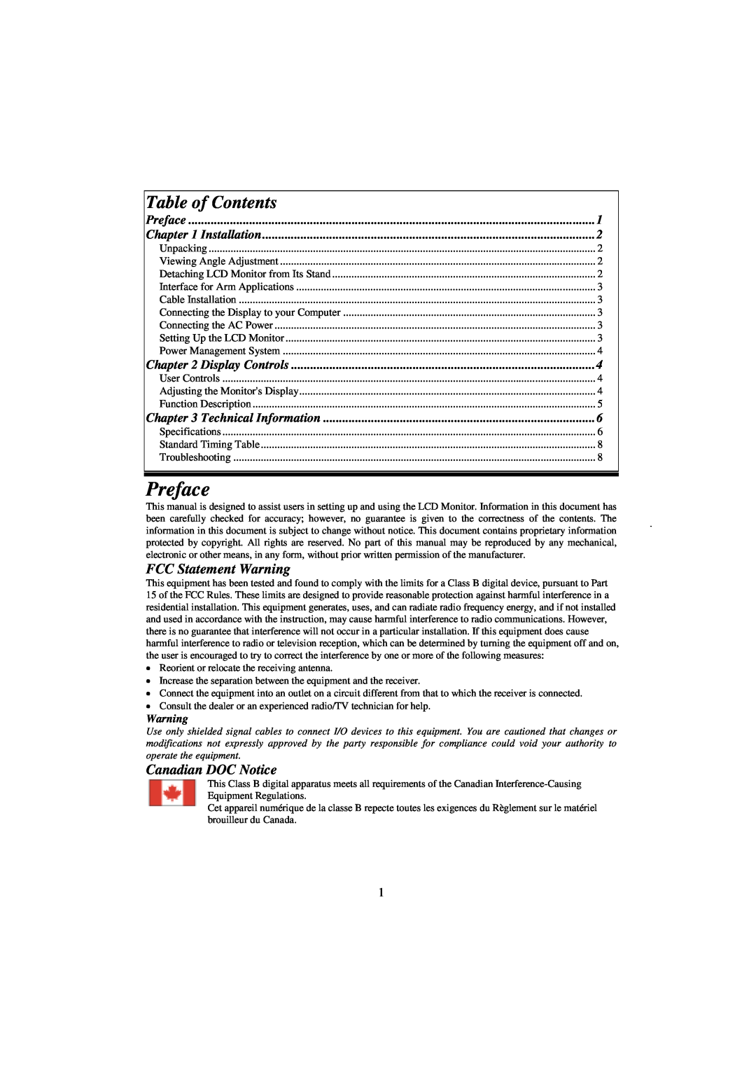 Planar PE190 Preface, FCC Statement Warning, Canadian DOC Notice, Installation, Display Controls, Technical Information 