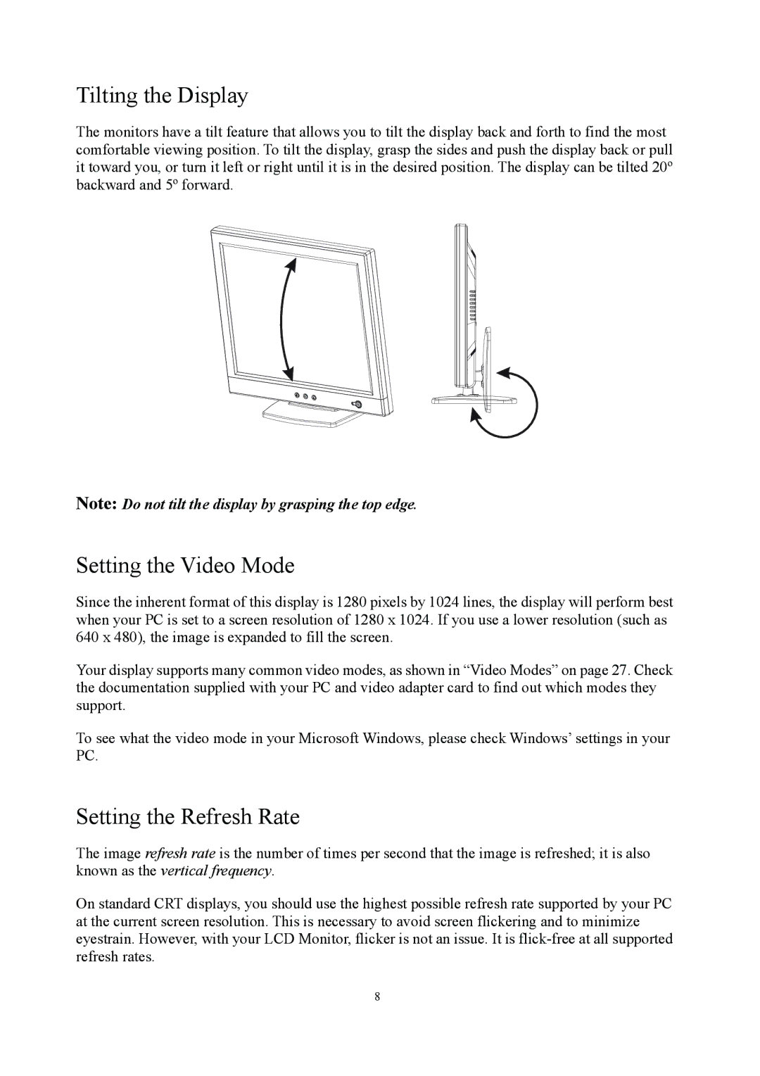 Planar PE1900 manual Tilting the Display, Setting the Video Mode, Setting the Refresh Rate 