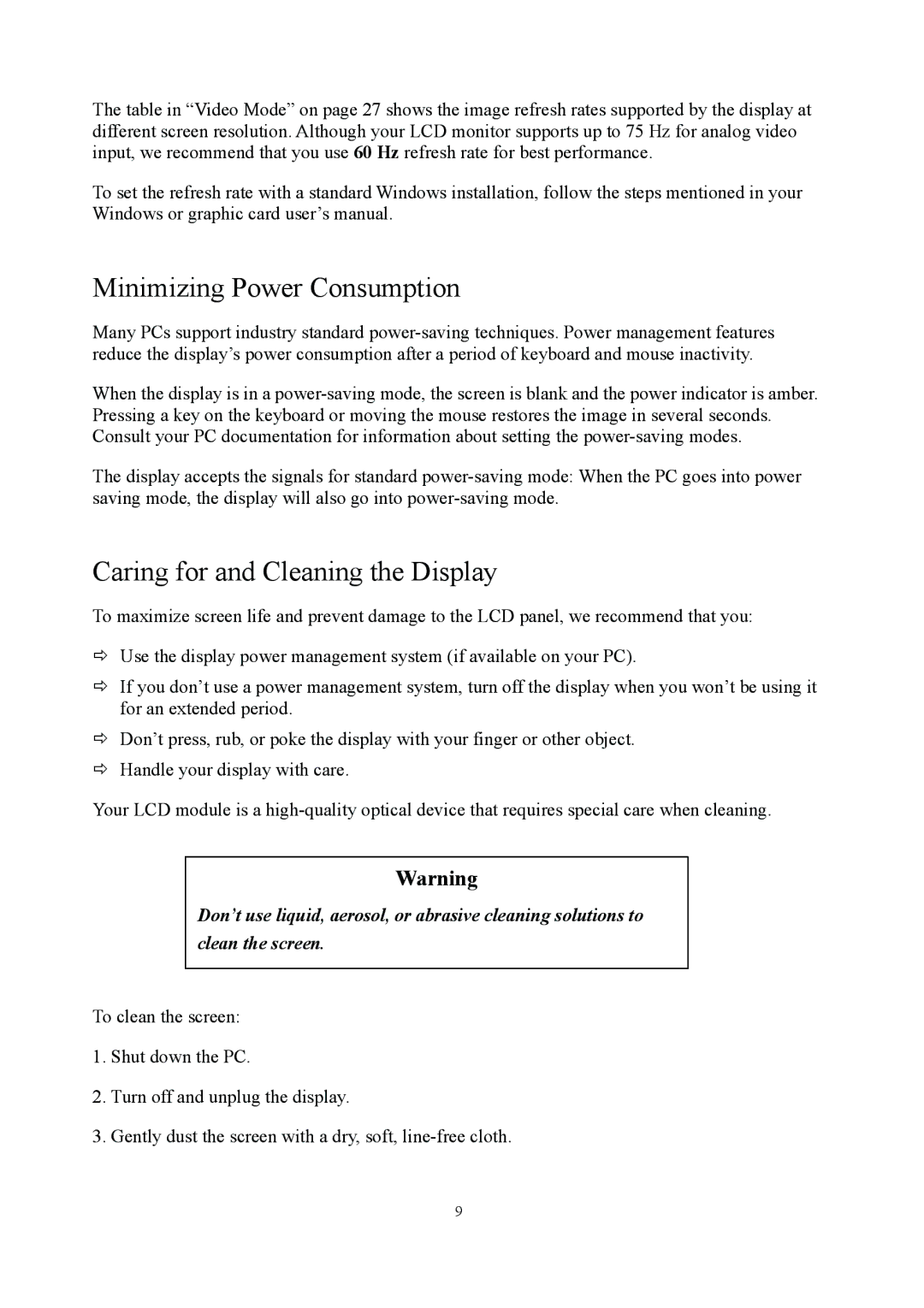 Planar PE1900 manual Minimizing Power Consumption, Caring for and Cleaning the Display 