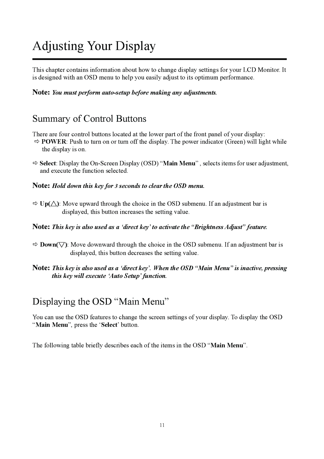 Planar PE1900 manual Adjusting Your Display, Summary of Control Buttons, Displaying the OSD Main Menu 