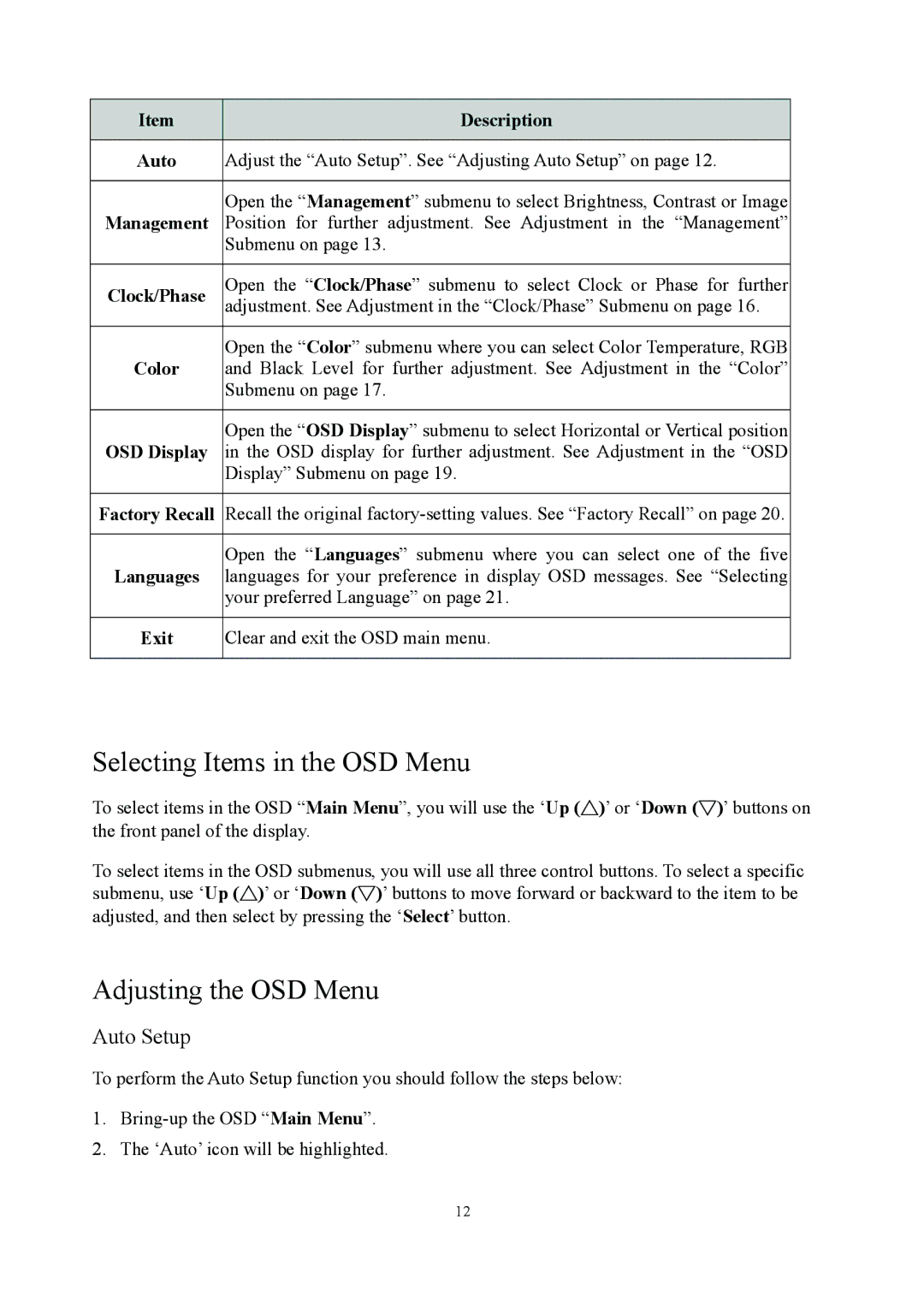 Planar PE1900 manual Selecting Items in the OSD Menu, Adjusting the OSD Menu, Auto Setup 