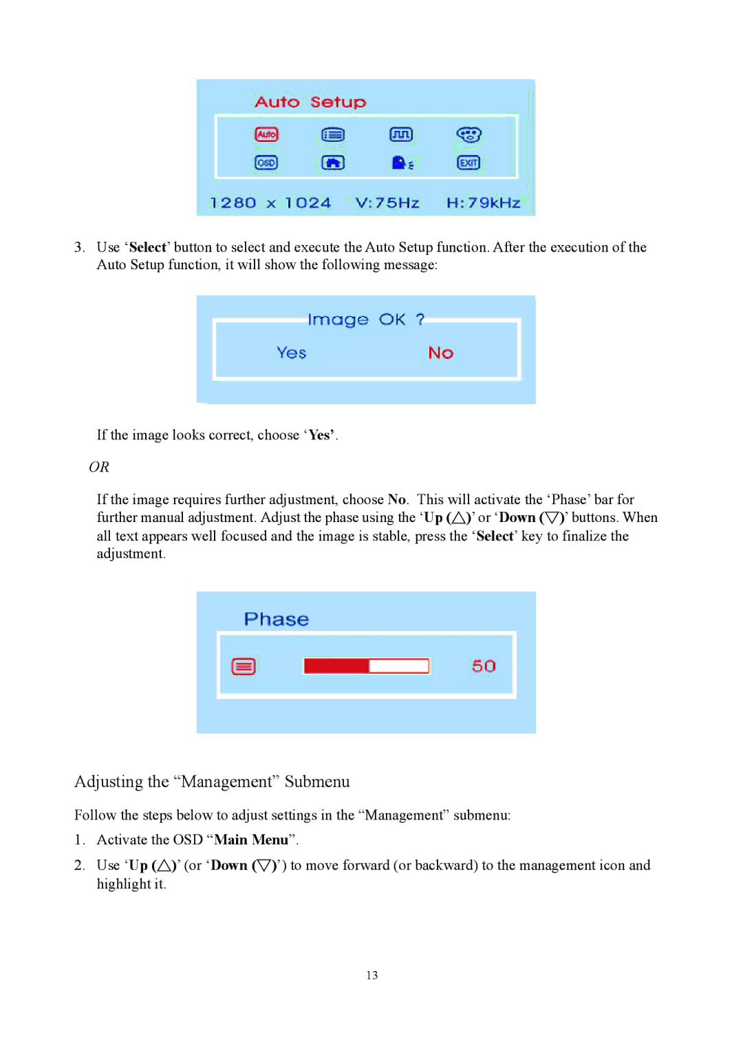 Planar PE1900 manual Adjusting the Management Submenu 