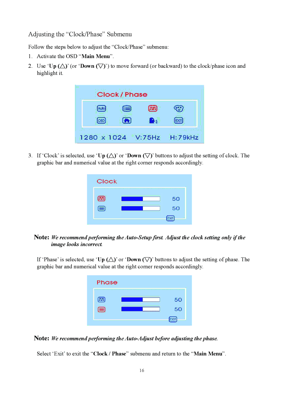 Planar PE1900 manual Adjusting the Clock/Phase Submenu 