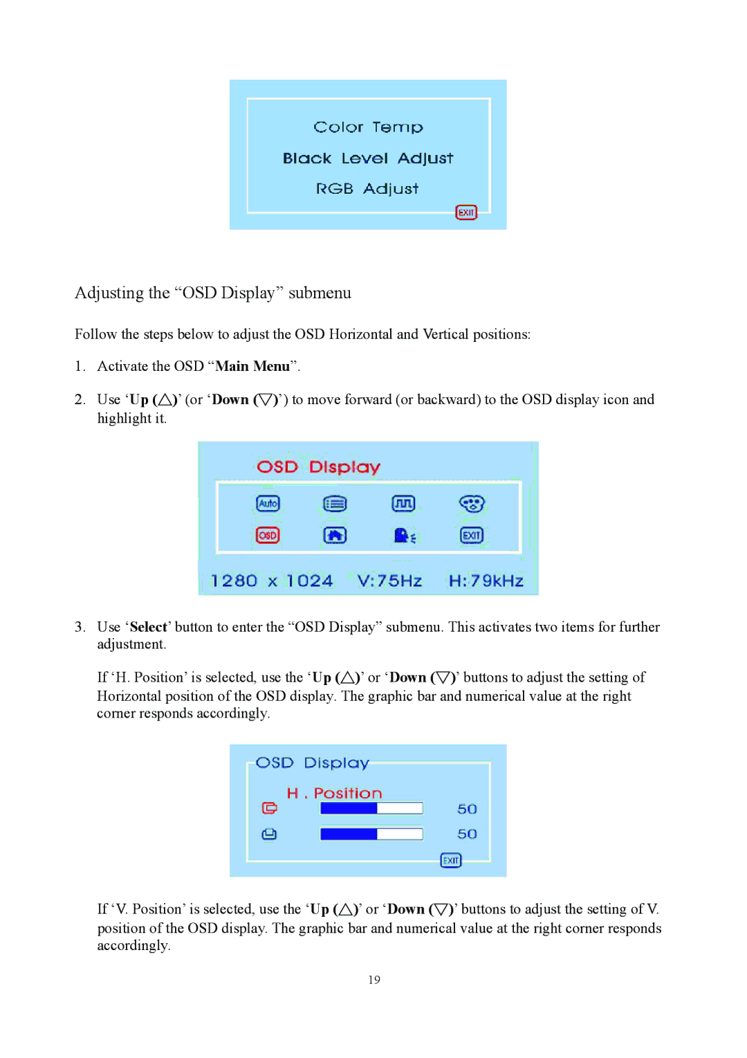 Planar PE1900 manual Adjusting the OSD Display submenu 