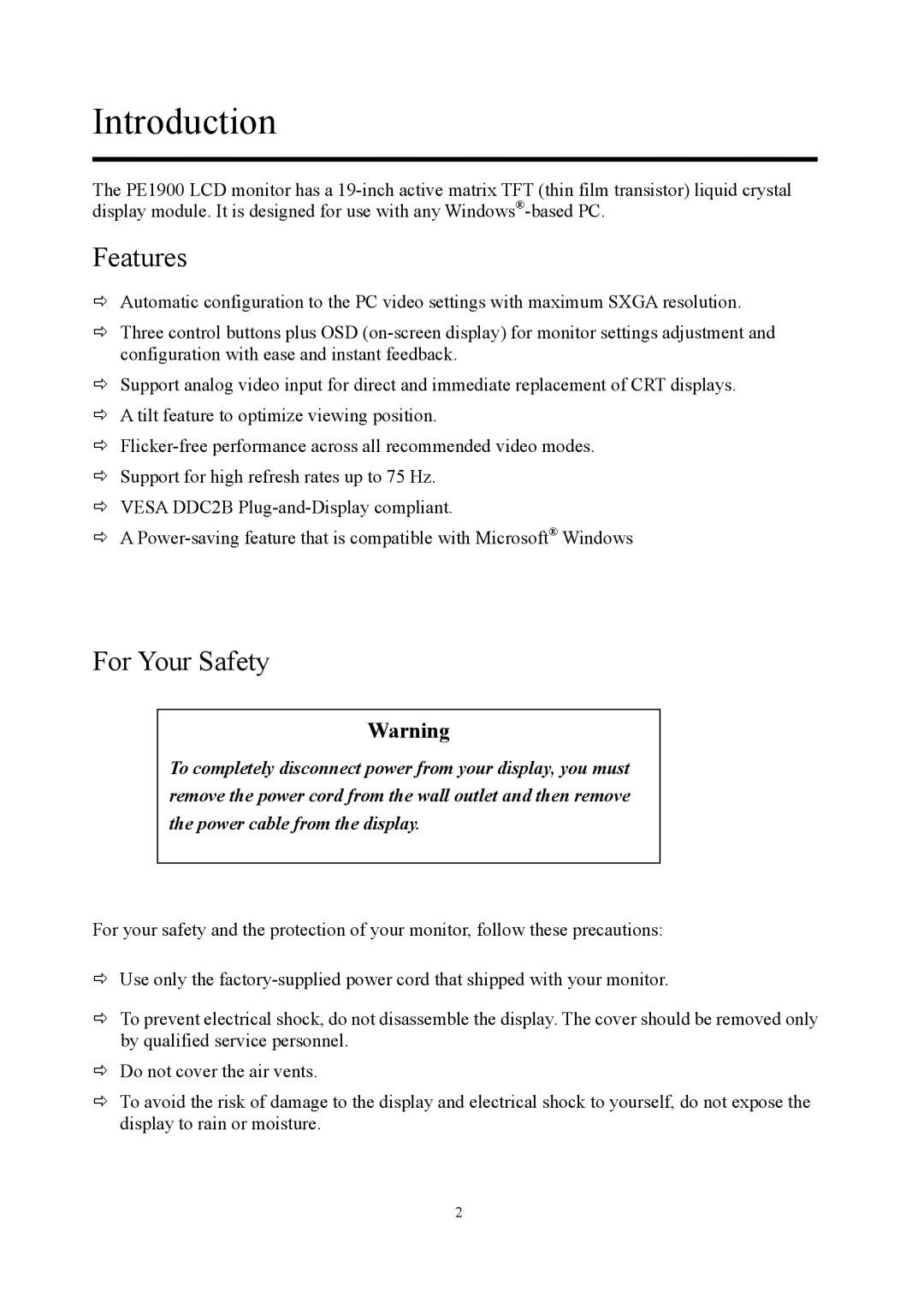 Planar PE1900 manual Introduction, Features, For Your Safety 