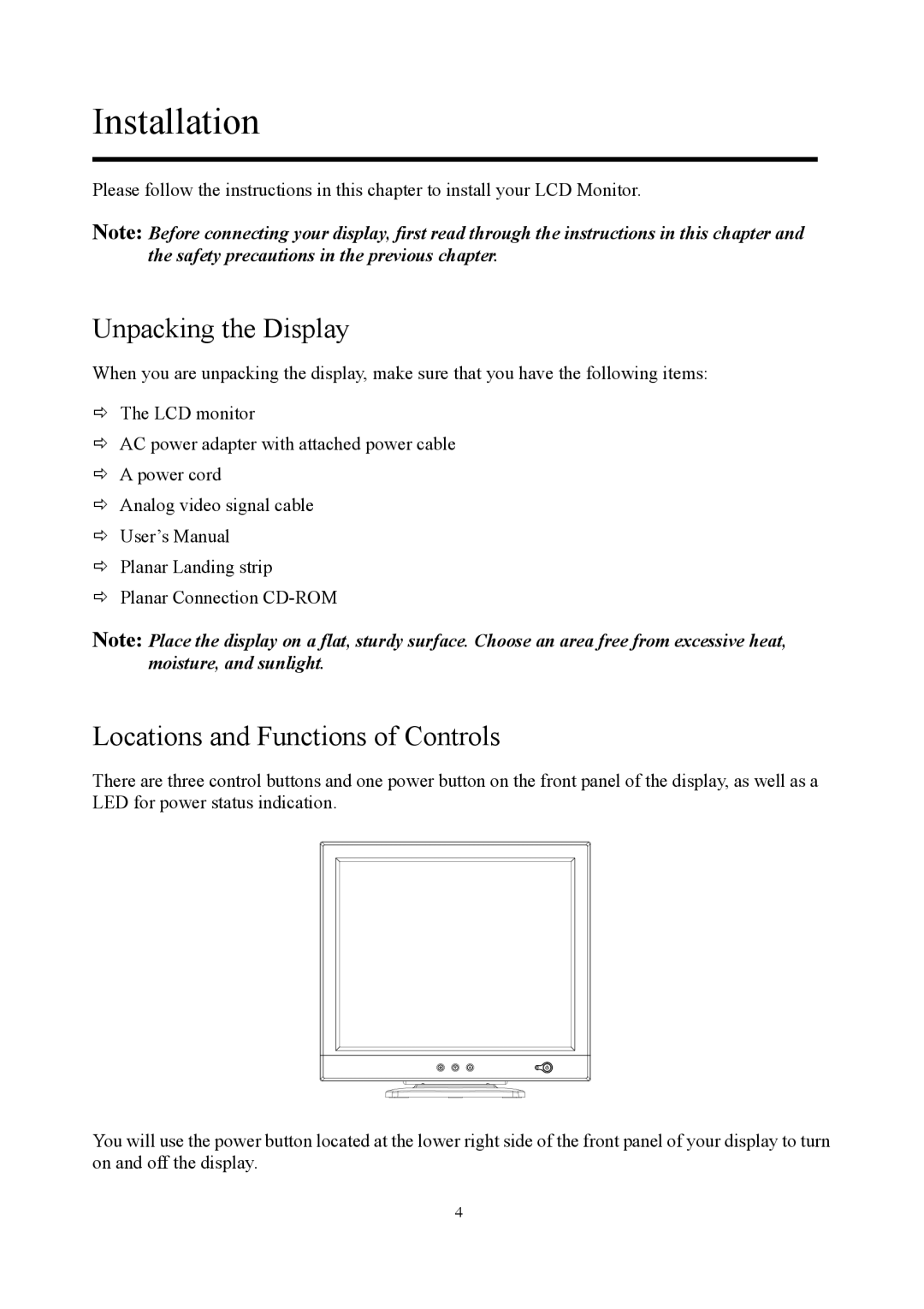 Planar PE1900 manual Installation, Unpacking the Display, Locations and Functions of Controls 