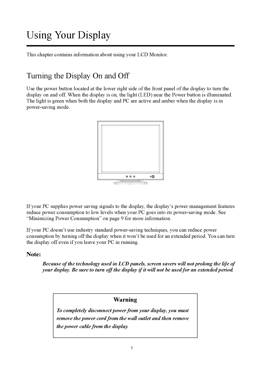 Planar PE1900 manual Using Your Display, Turning the Display On and Off 