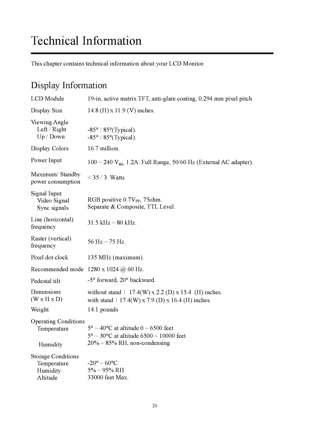 Planar PE1900 manual Technical Information, Display Information 