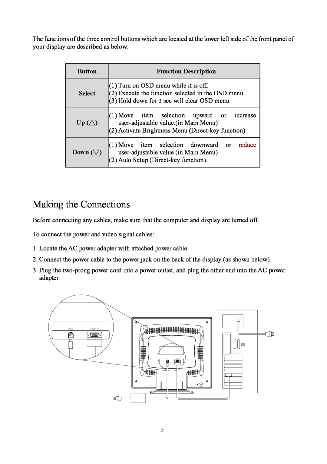 Planar PE1900 manual Making the Connections, Button, Function Description, Down, reduce 