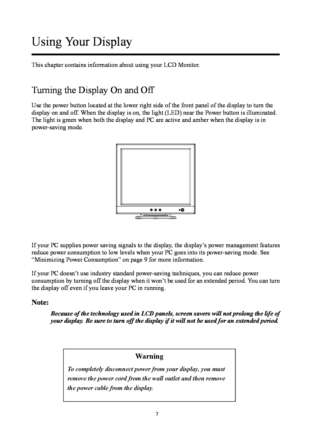 Planar PE1900 manual Using Your Display, Turning the Display On and Off 