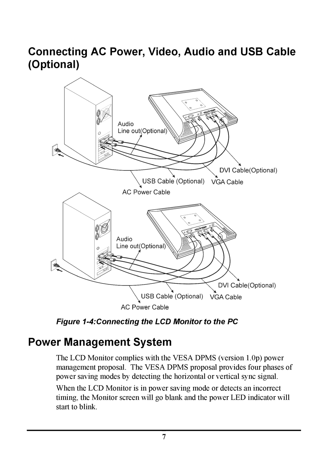 Planar PE191M manual Connecting AC Power, Video, Audio and USB Cable Optional, Power Management System 