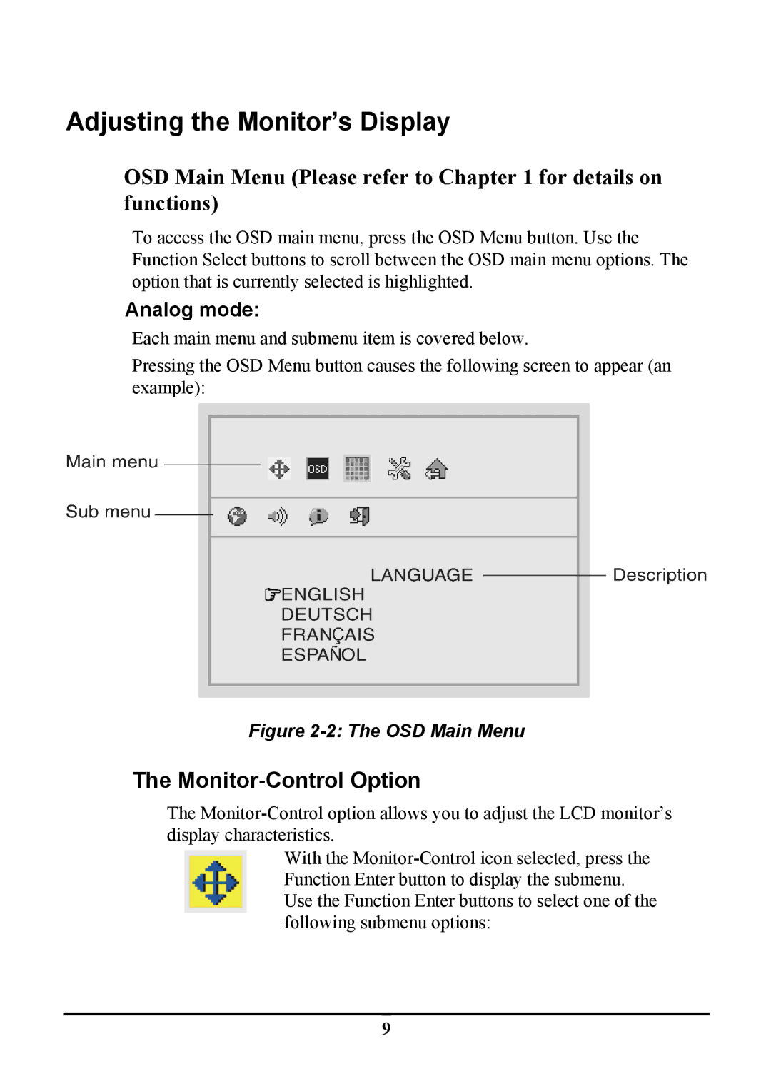 Planar PE191M manual Adjusting the Monitor’s Display, OSD Main Menu Please refer to for details on functions 