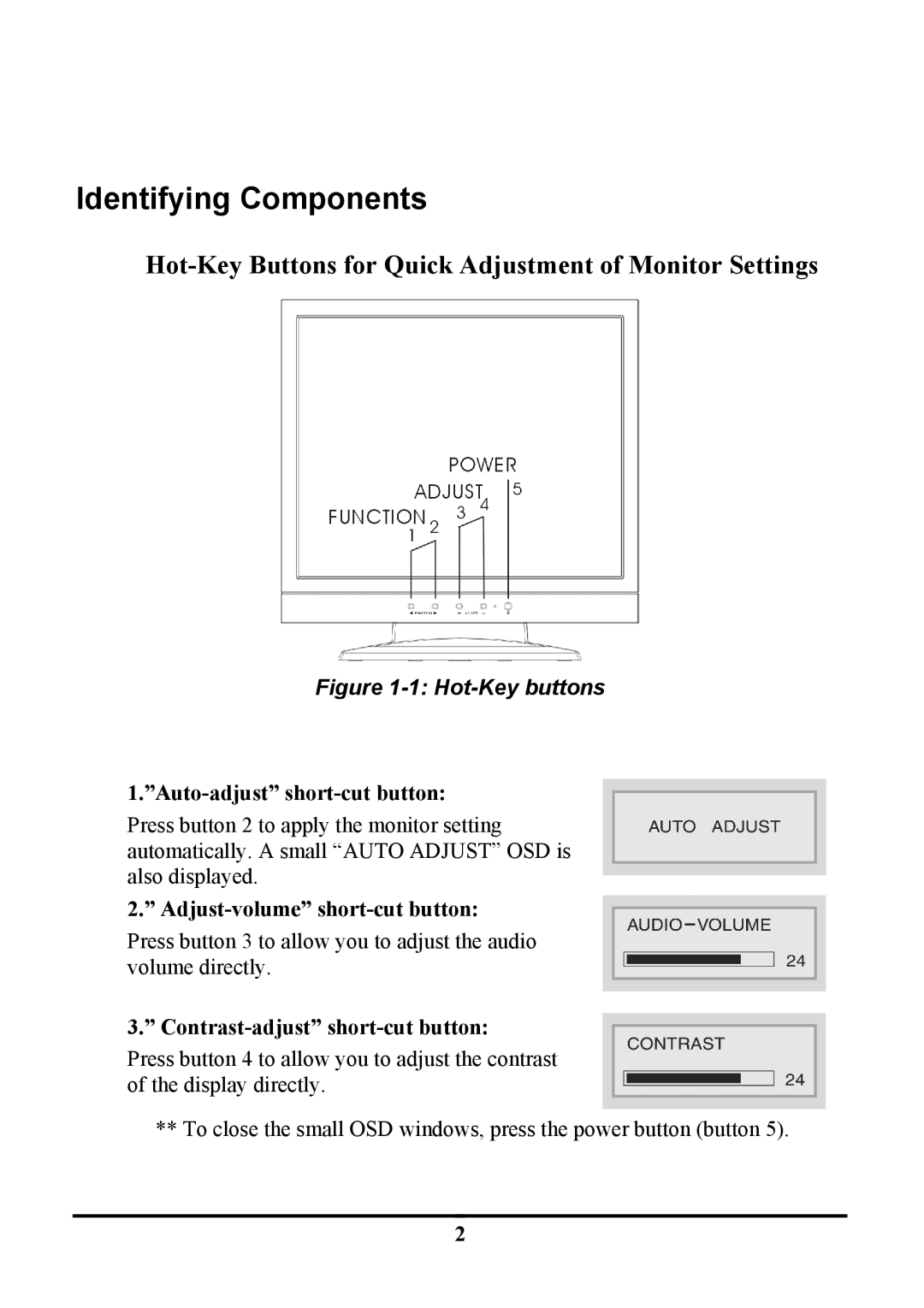 Planar PE191M manual Identifying Components, Hot-Key Buttons for Quick Adjustment of Monitor Settings 