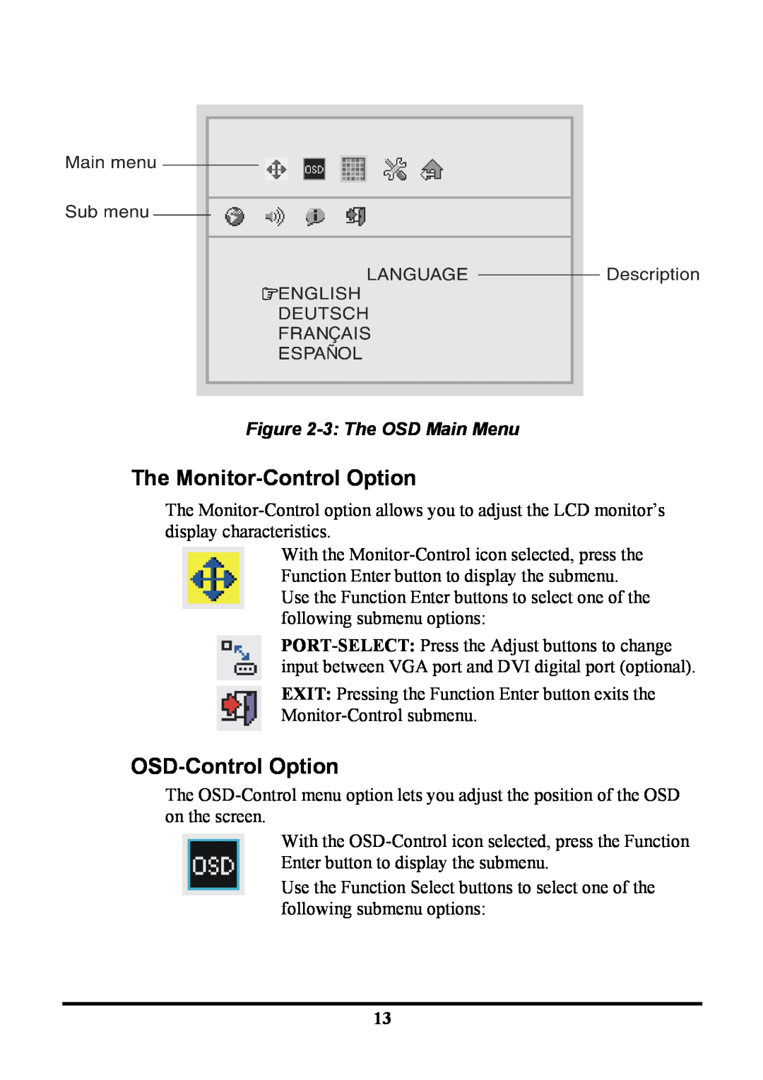 Planar PE191M manual 3 The OSD Main Menu, The Monitor-Control Option, OSD-Control Option 