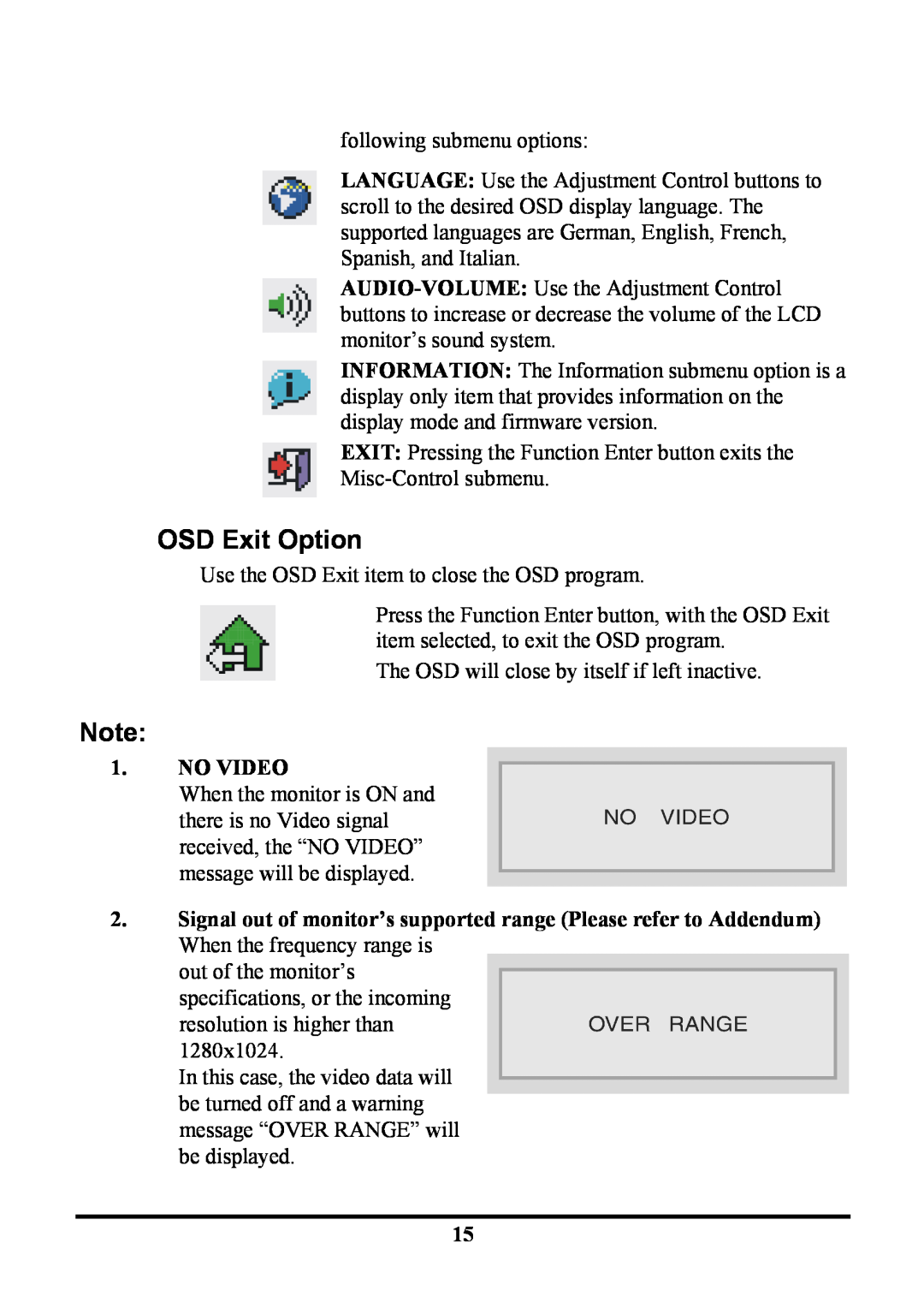 Planar PE191M manual No Video, OSD Exit Option 