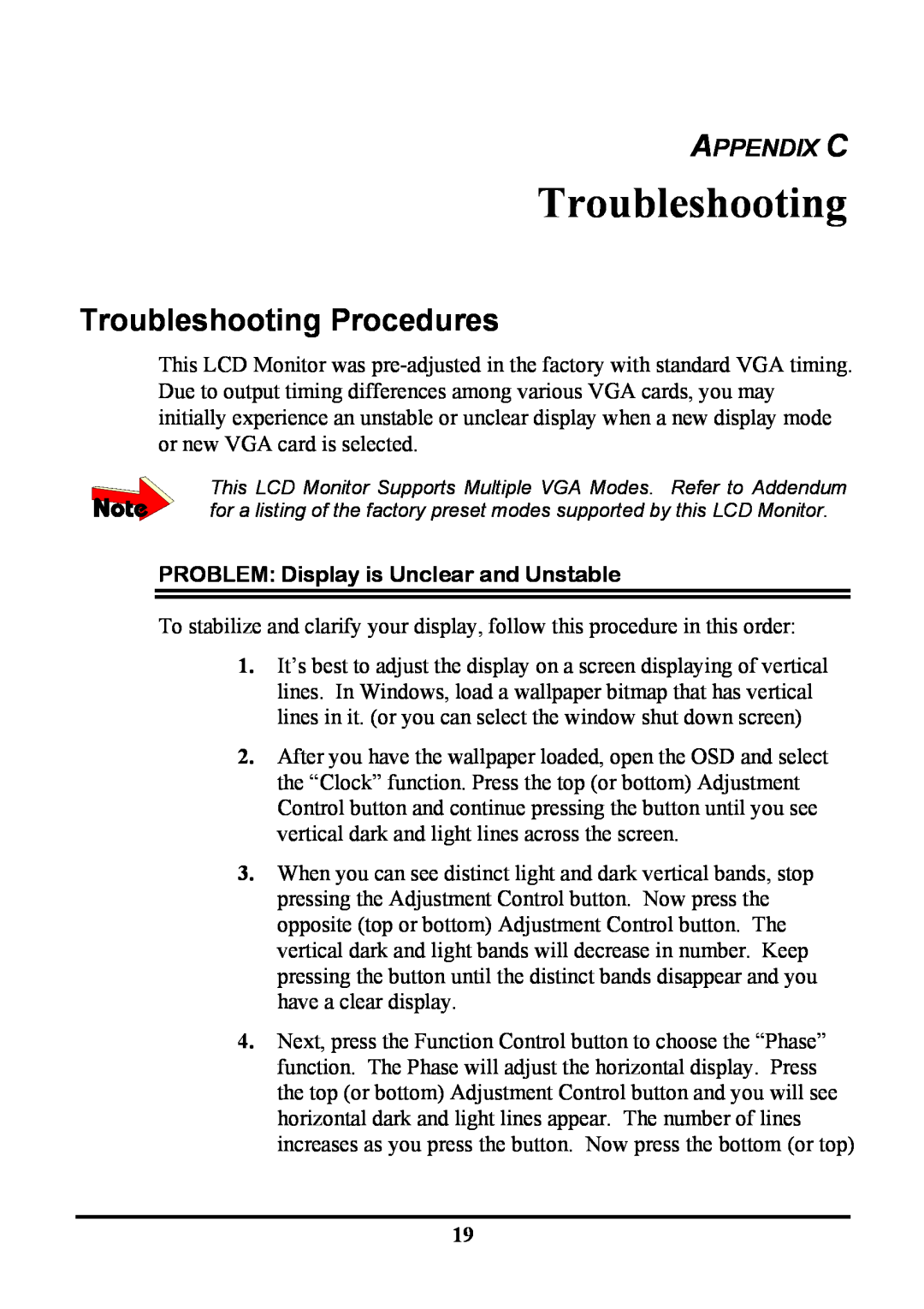 Planar PE191M manual Troubleshooting Procedures, Appendix C 