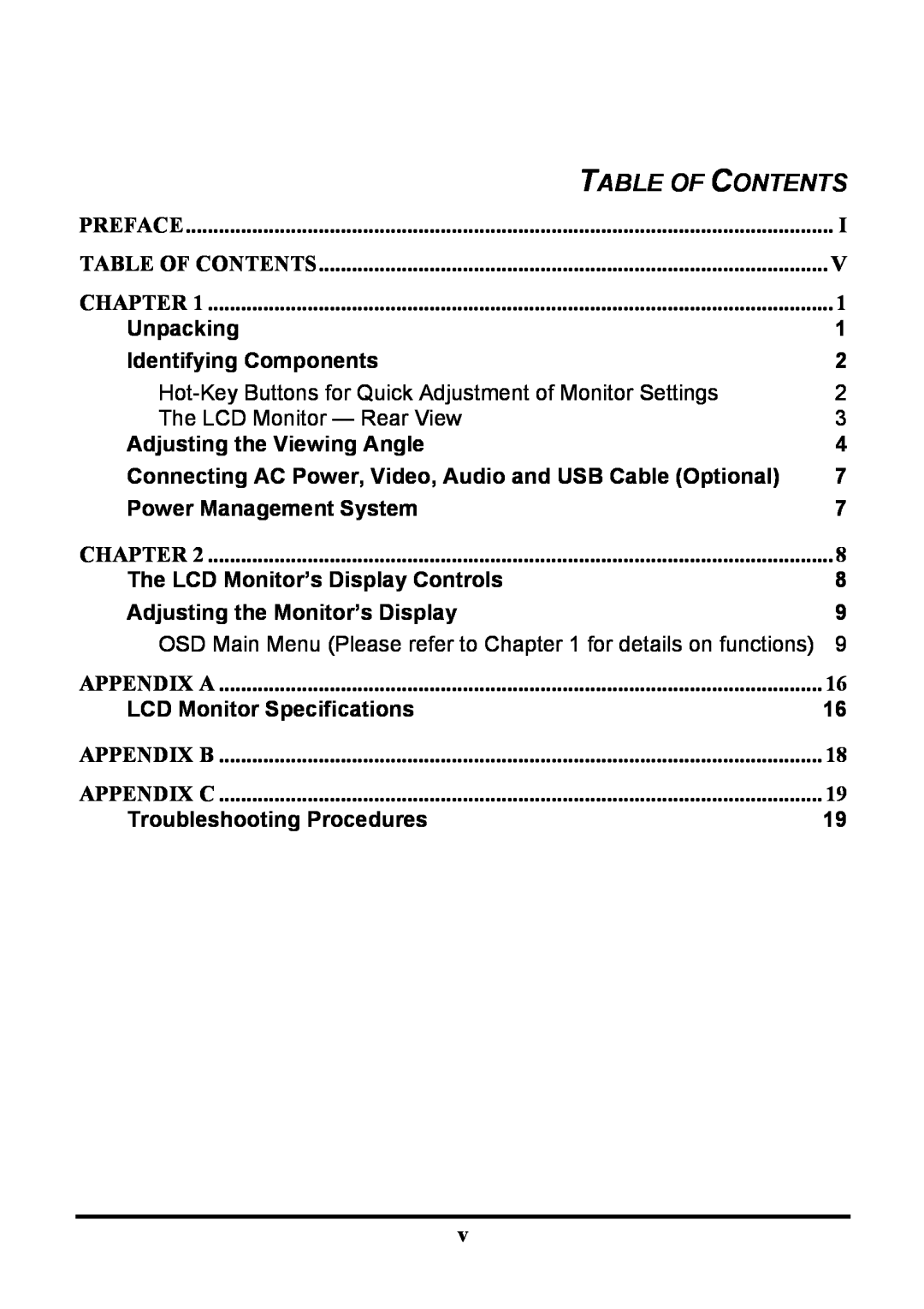 Planar PE191M manual Table Of Contents, Preface, Chapter, Appendix A, Appendix B, Appendix C 