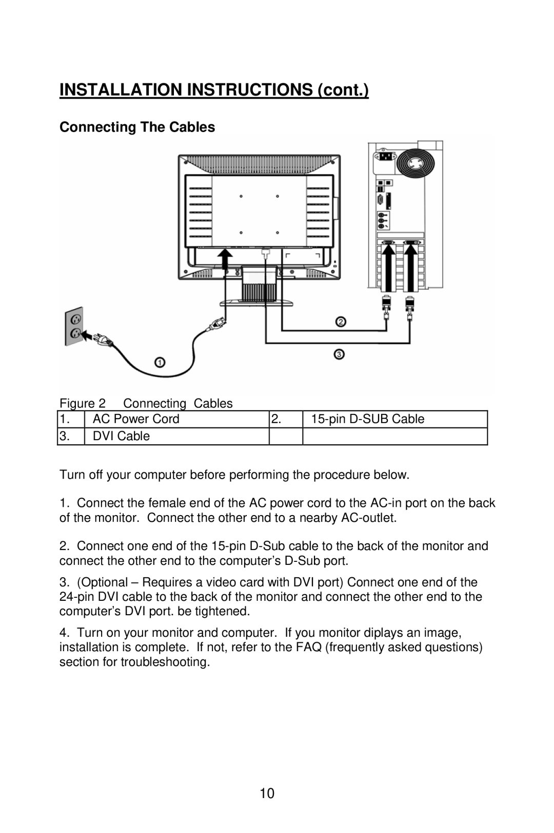 Planar PE2010 manual Installation Instructions, Connecting The Cables 