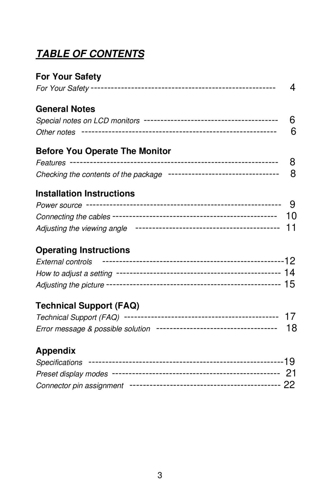 Planar PE2010 manual Table of Contents 