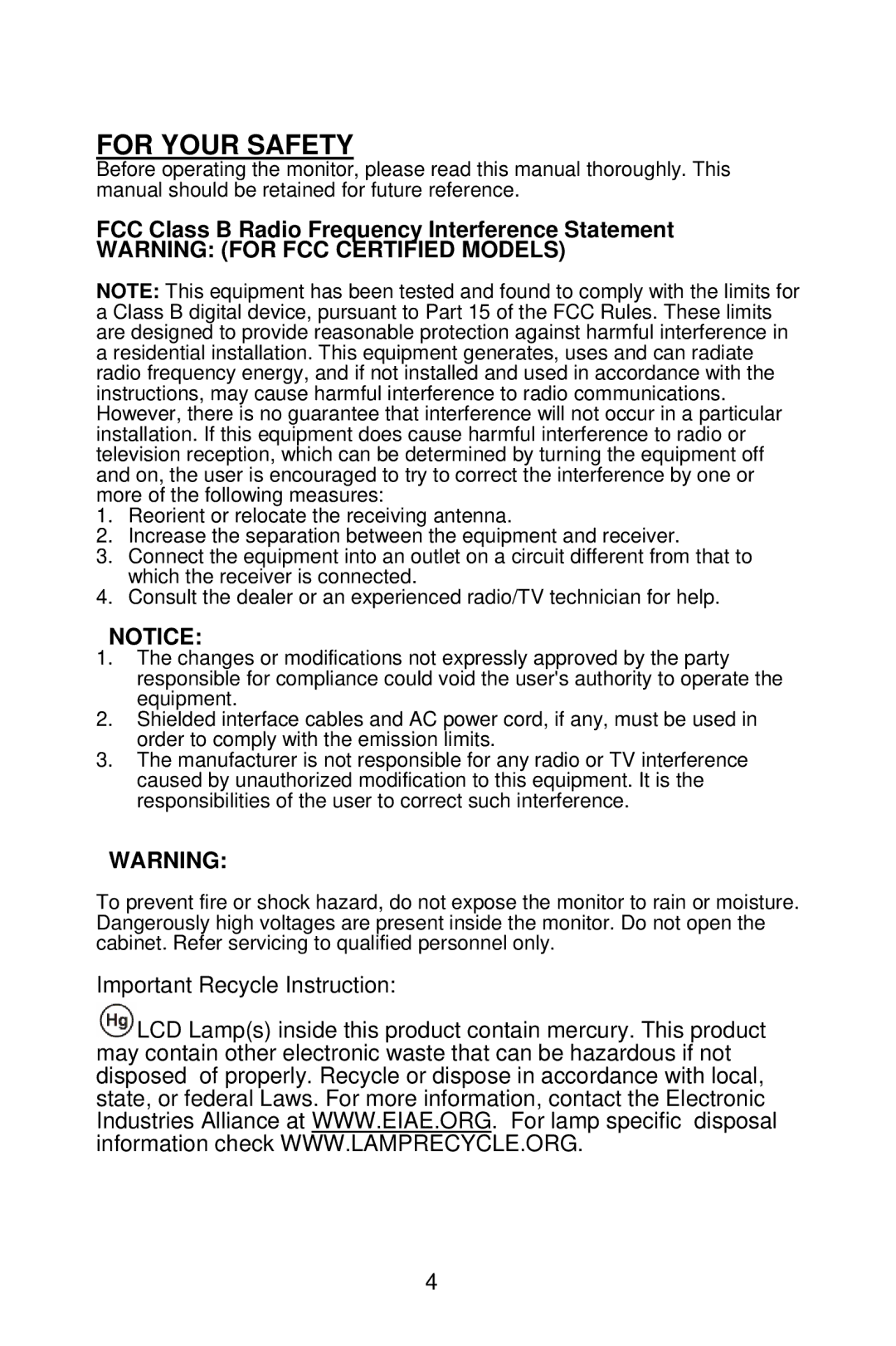 Planar PE2010 manual For Your Safety, FCC Class B Radio Frequency Interference Statement 