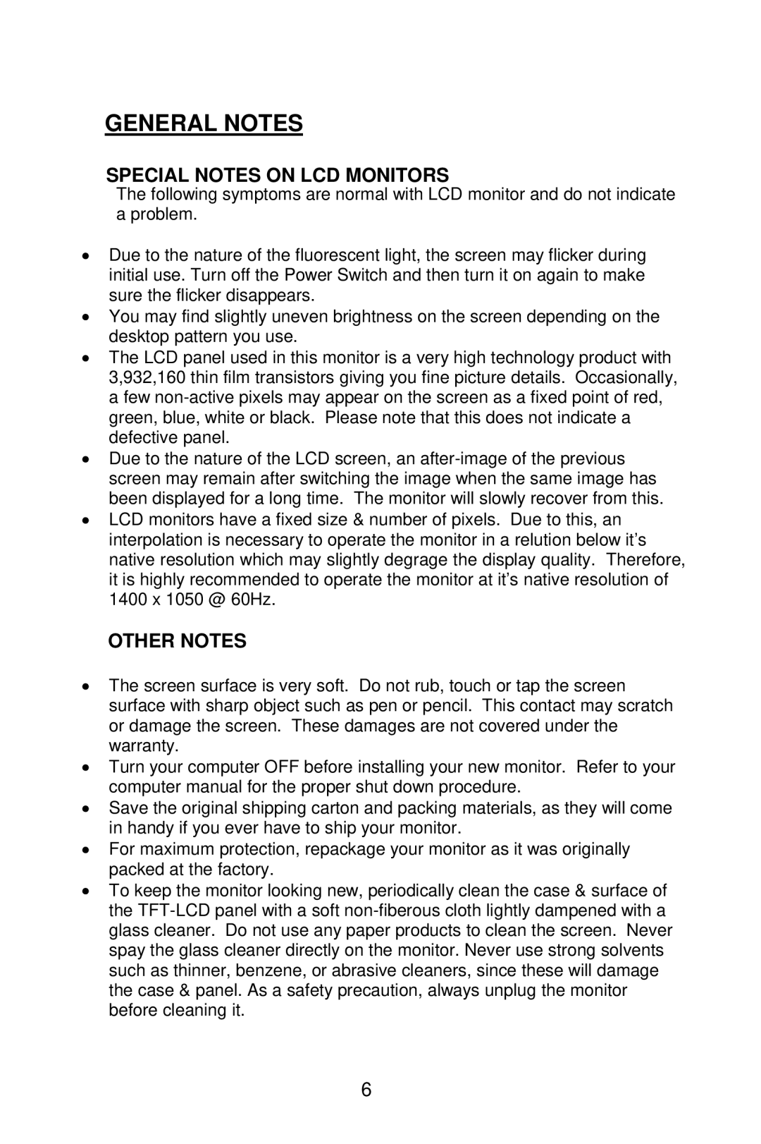 Planar PE2010 manual General Notes, Special Notes on LCD Monitors, Other Notes 