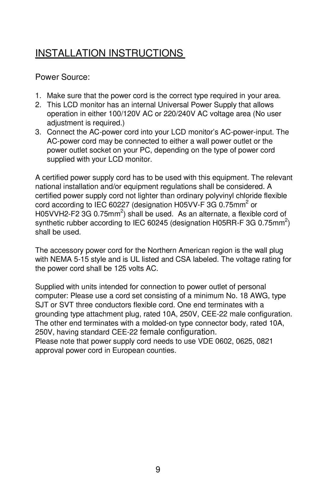 Planar PE2010 manual Installation Instructions, Power Source 