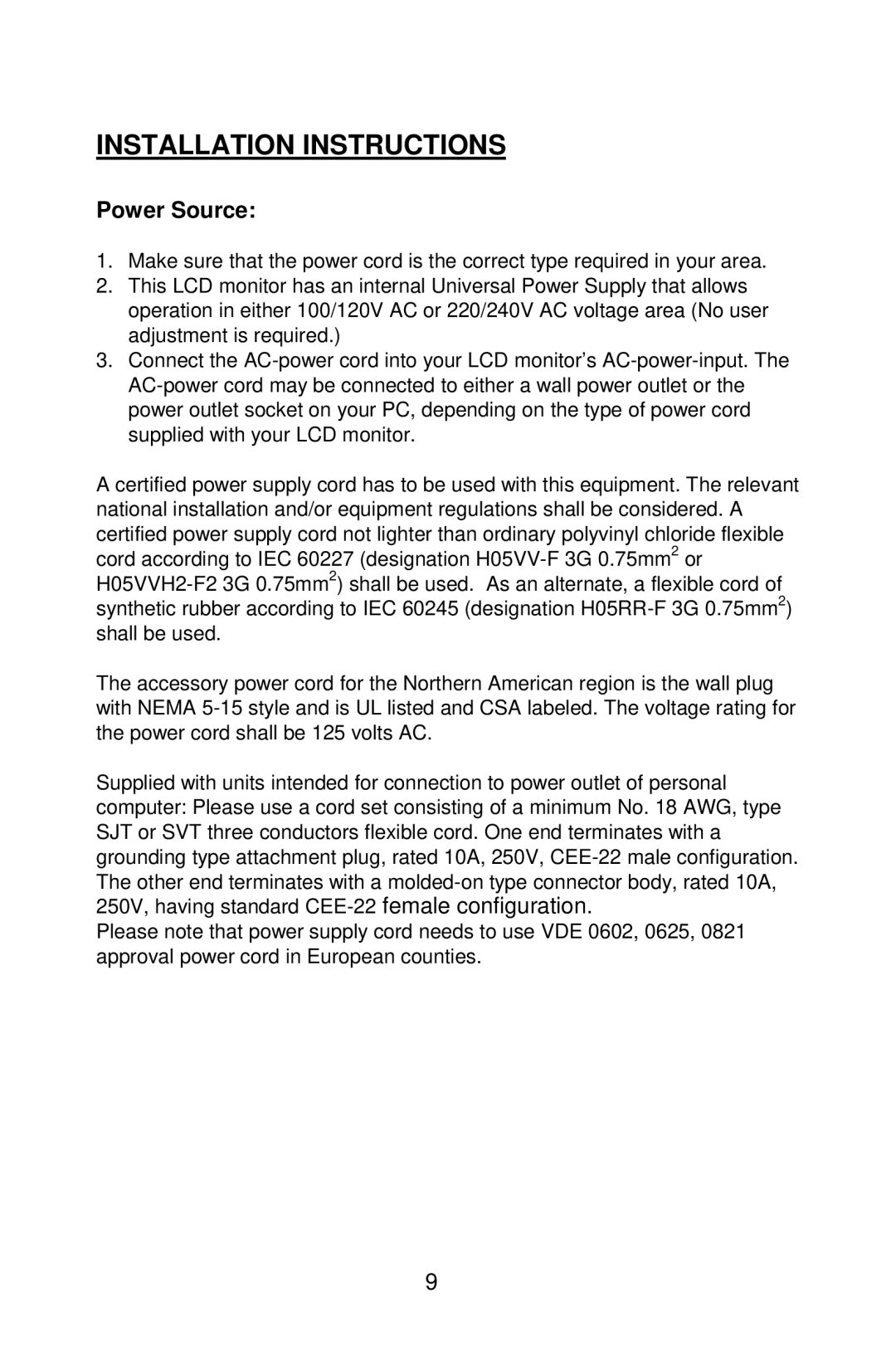 Planar PE2010 manual Installation Instructions, Power Source 