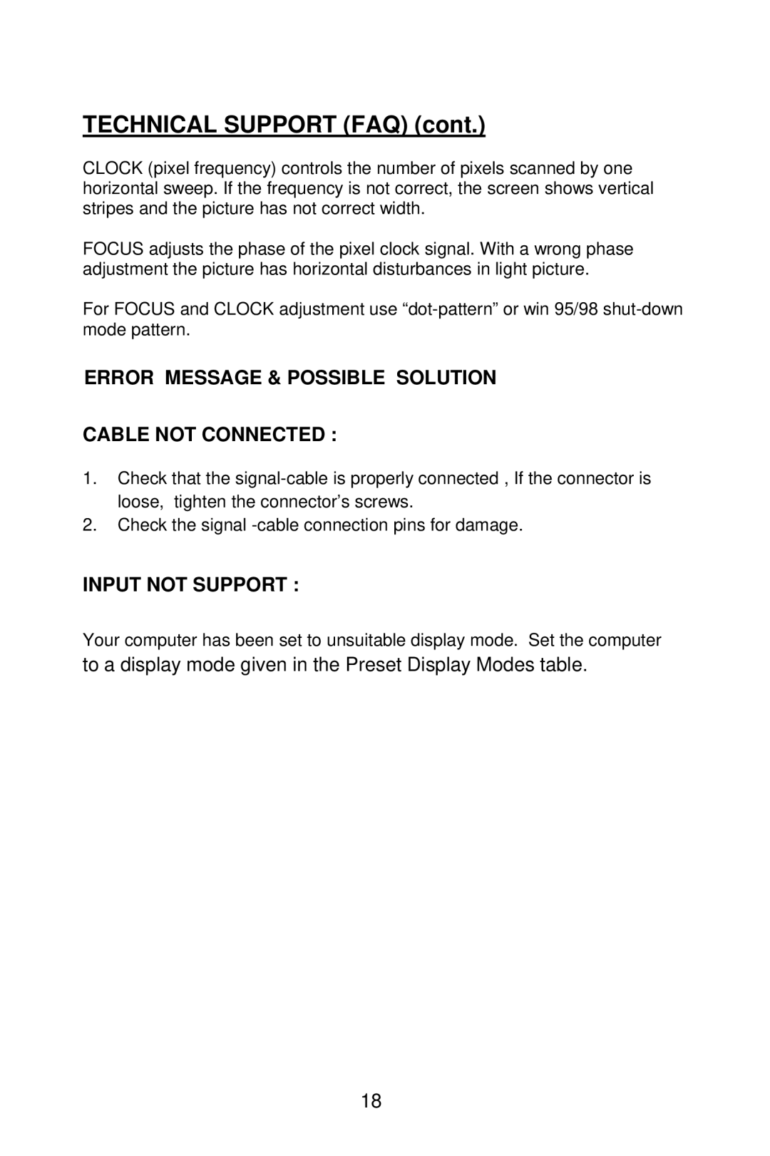 Planar PE2010 manual Error Message & Possible Solution Cable not Connected, Input not Support 