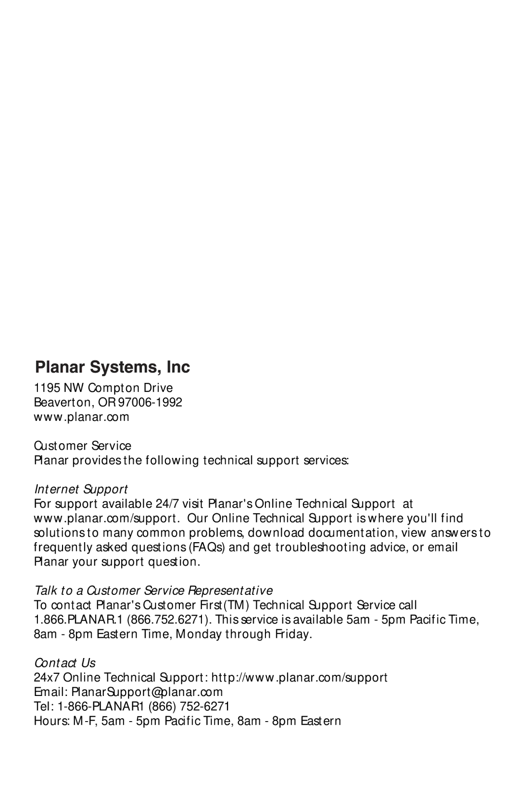 Planar PE2010 manual Internet Support Talk to a Customer Service Representative 