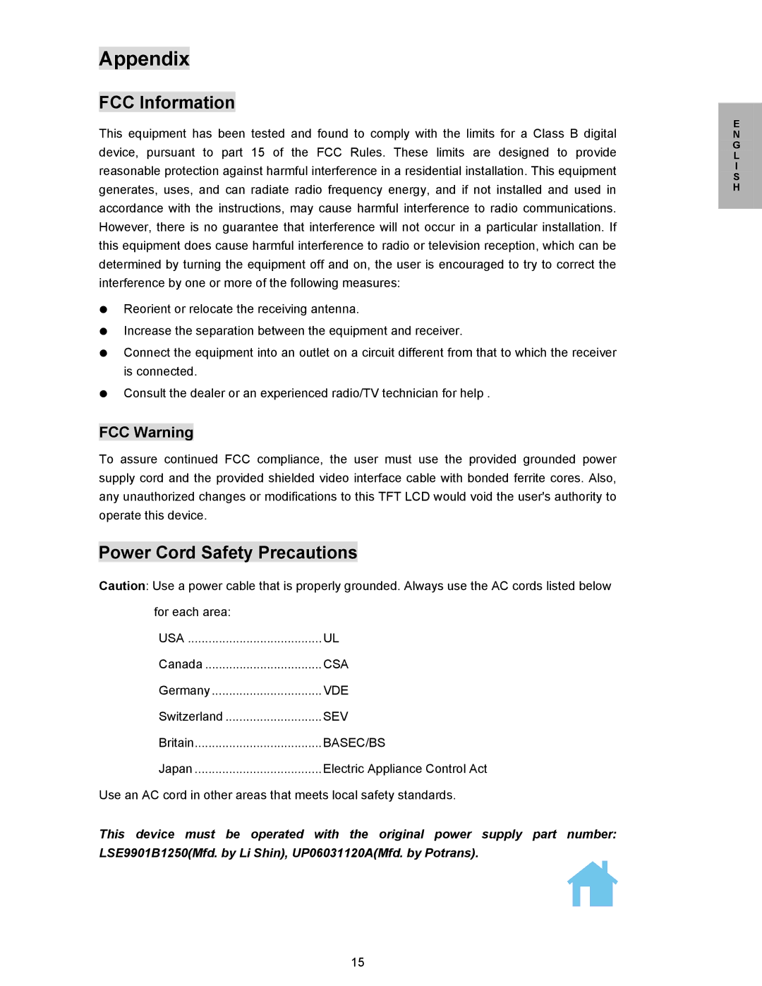 Planar PL150 manual Appendix, FCC Information, Power Cord Safety Precautions 