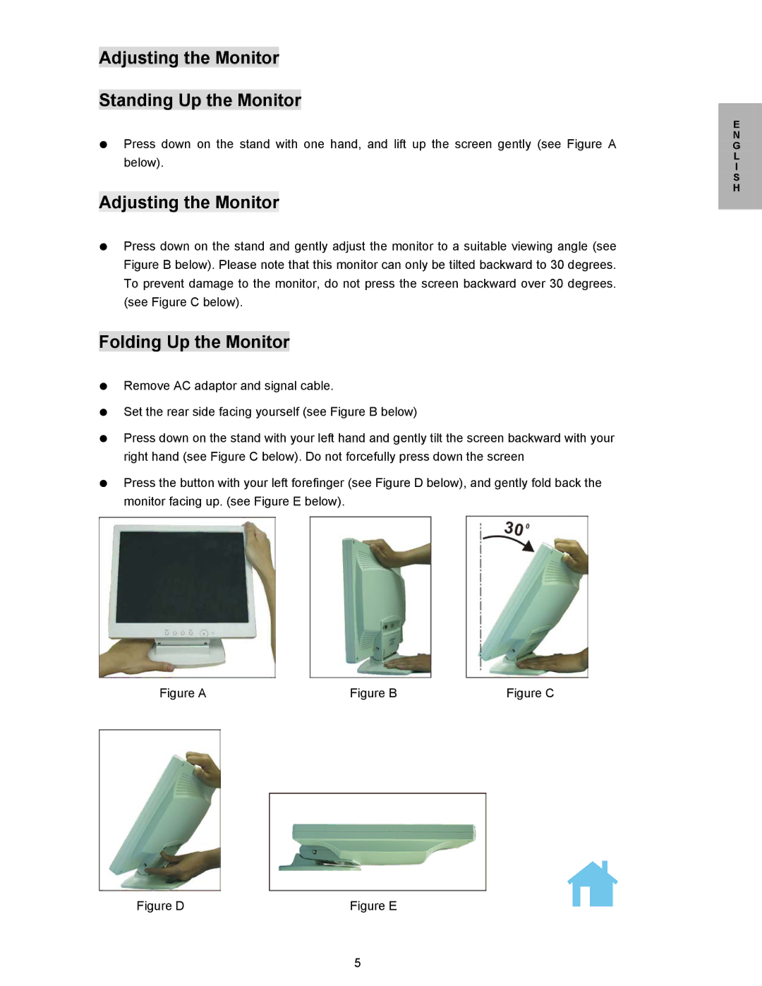 Planar PL150 manual Adjusting the Monitor Standing Up the Monitor, Folding Up the Monitor 