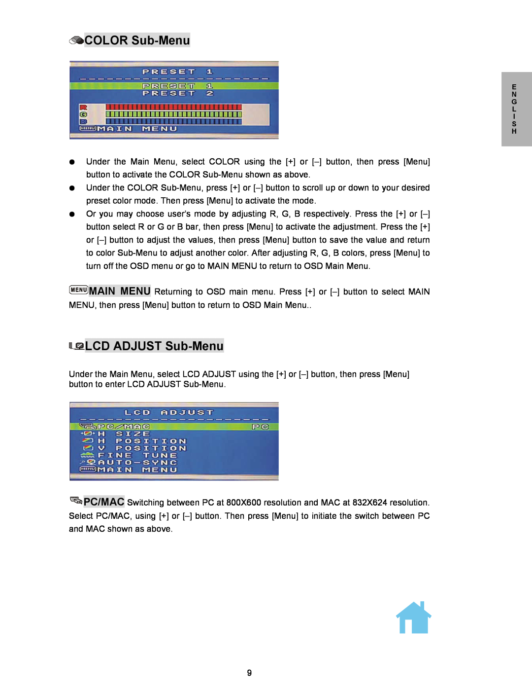 Planar PL150 manual COLOR Sub-Menu, LCD ADJUST Sub-Menu 