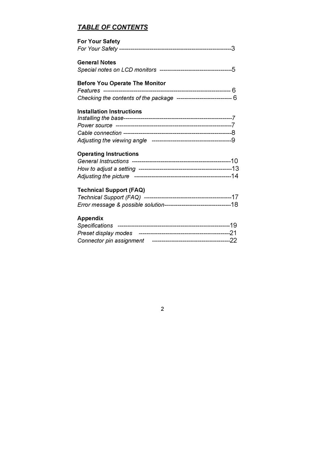 Planar PL1500 manual Table of Contents 