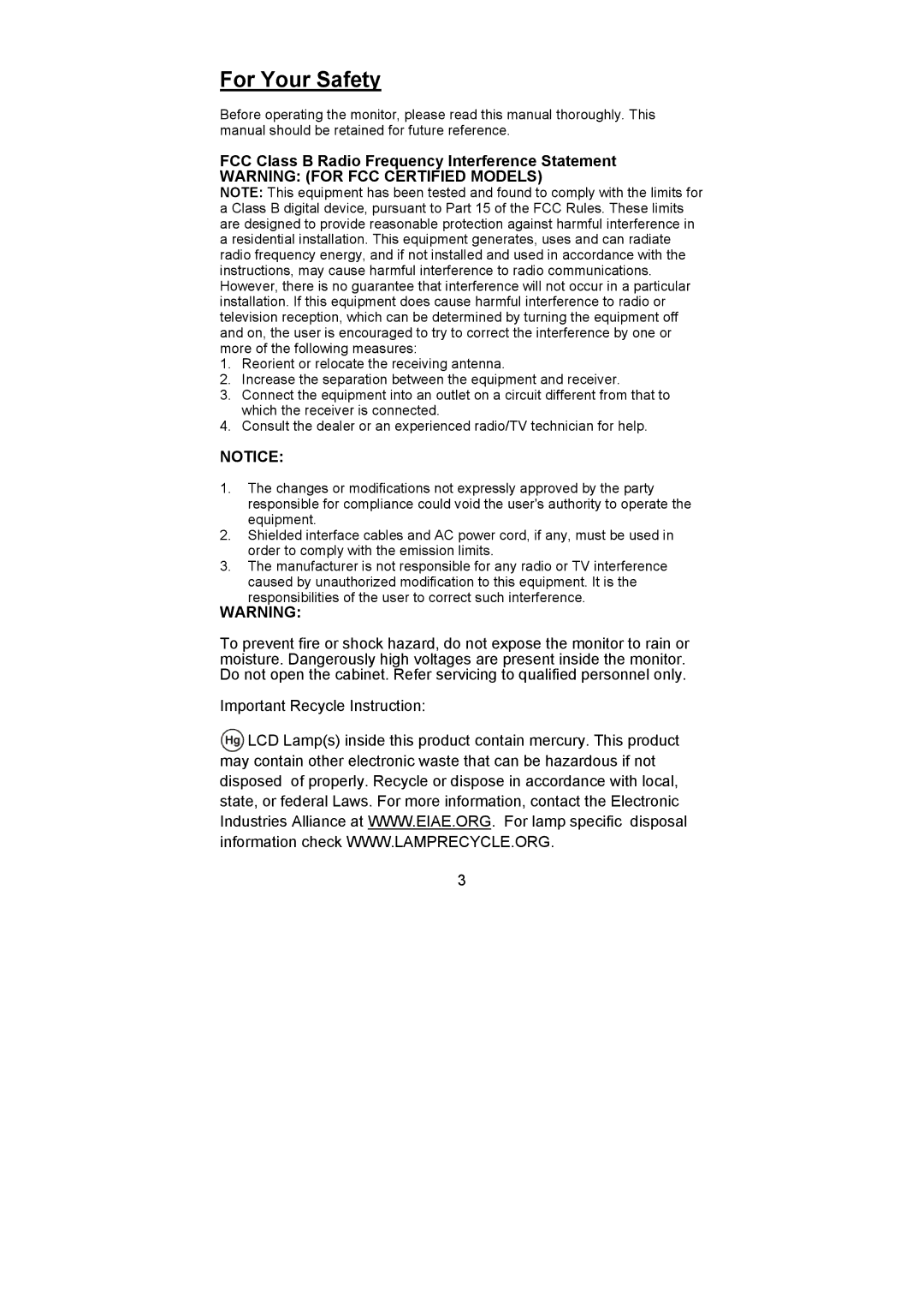 Planar PL1500 manual For Your Safety, FCC Class B Radio Frequency Interference Statement 