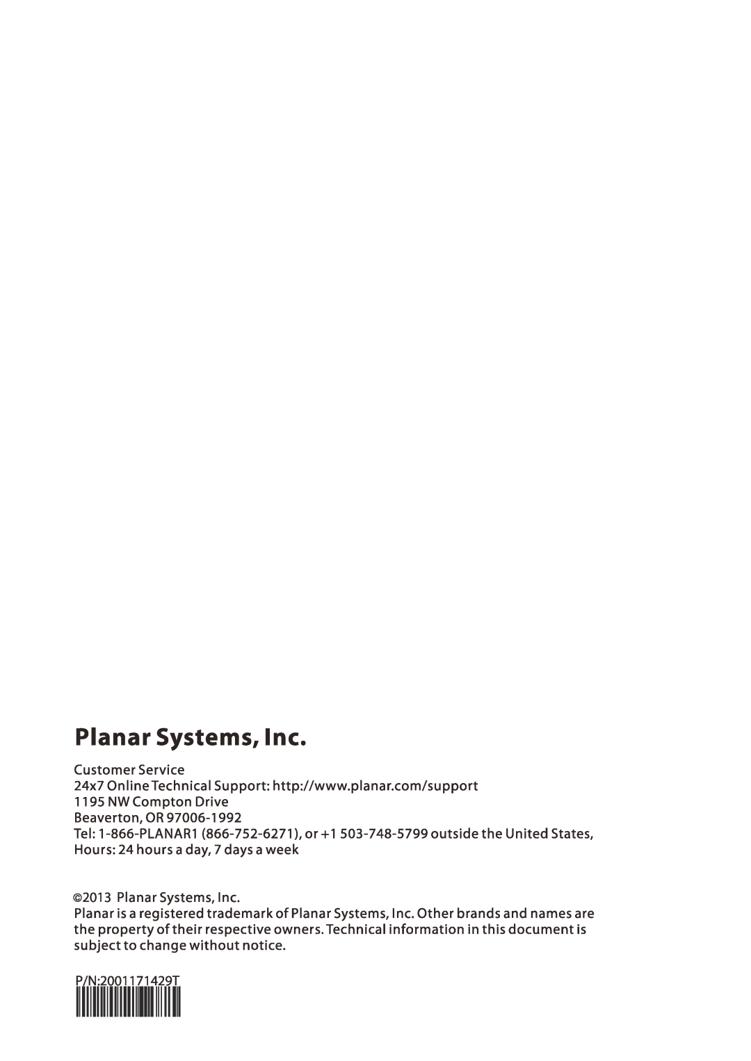 Planar PL1500M manual 2013, P/N2001171429T 