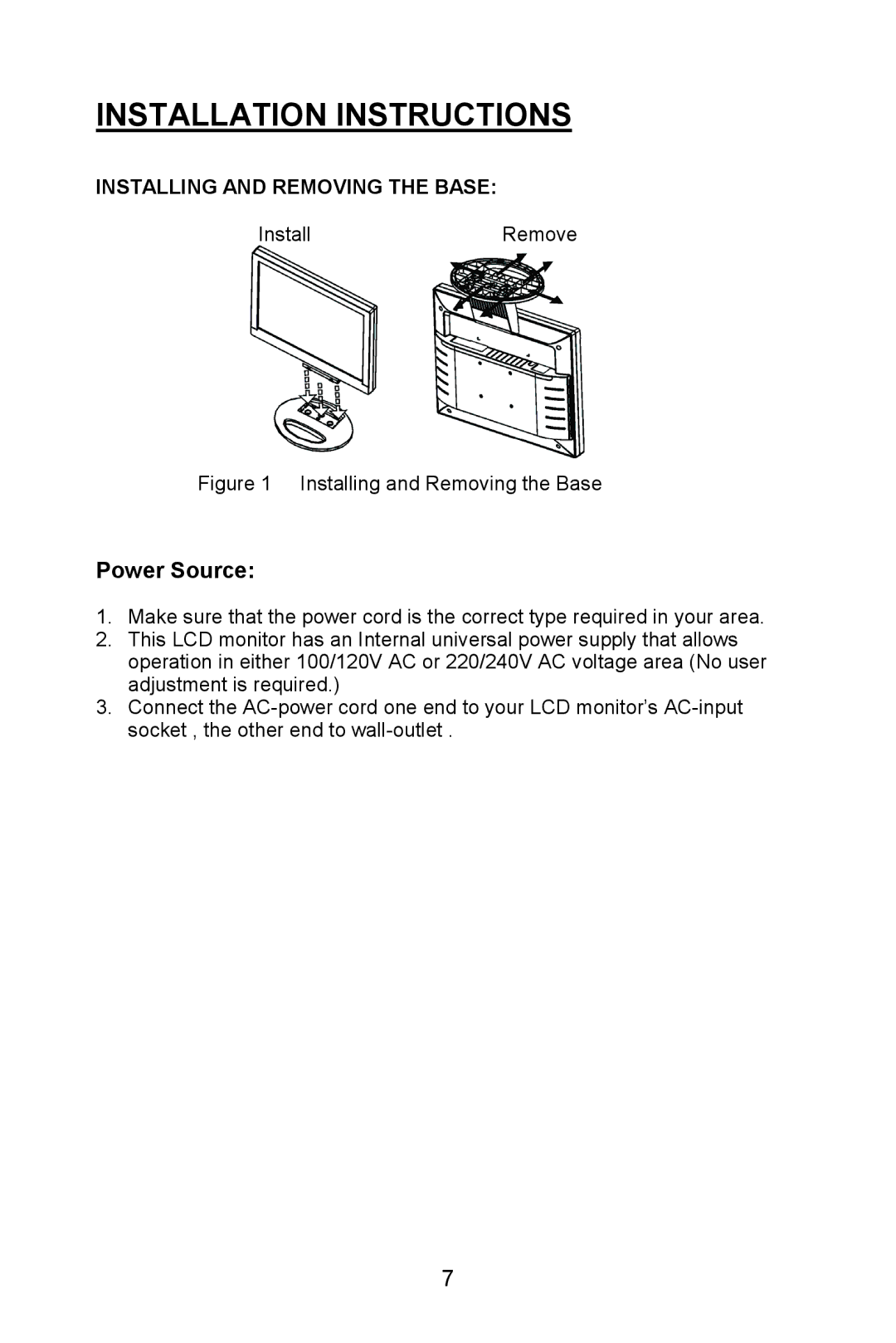 Planar PL1520M manual Installation Instructions, Installing and Removing the Base 