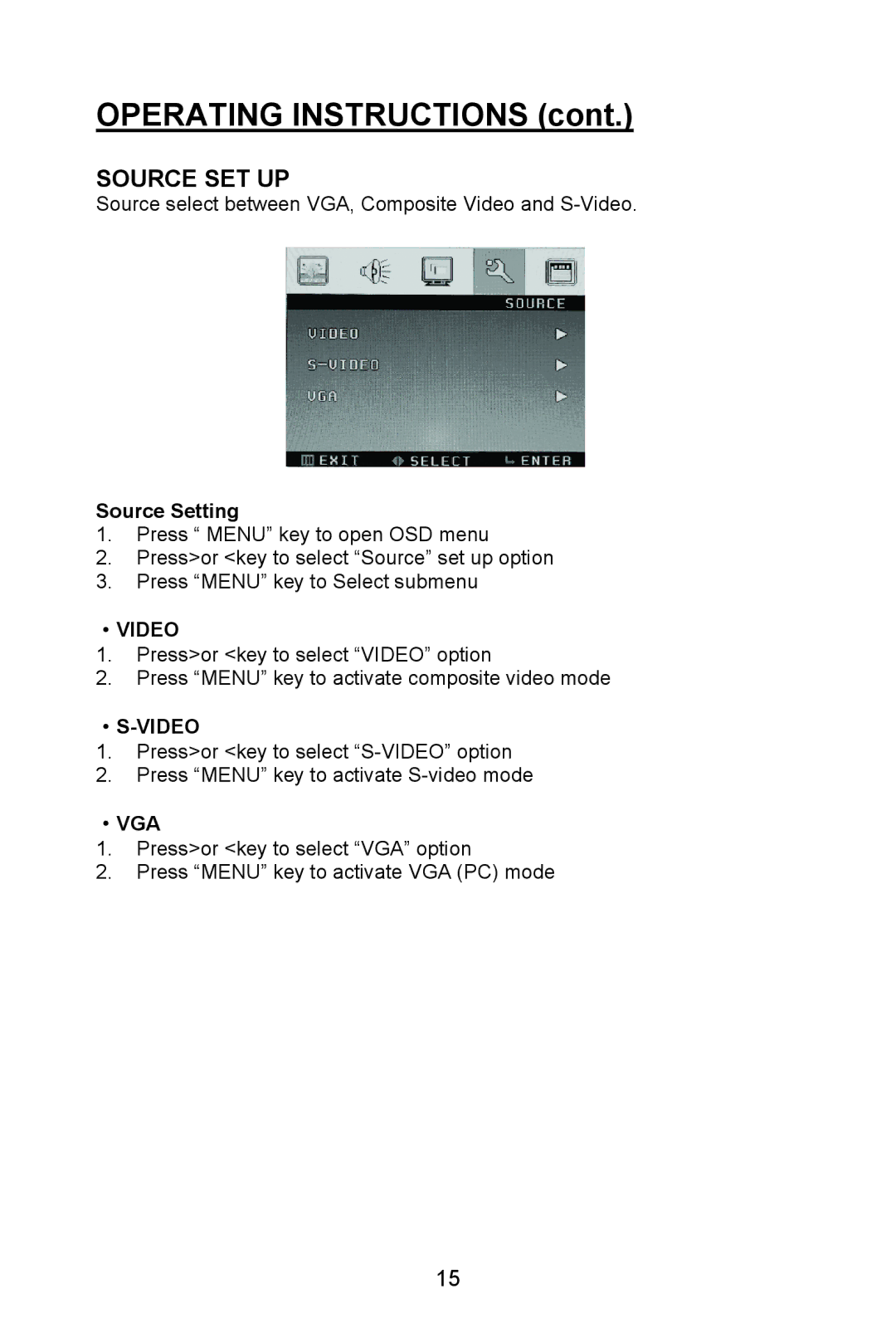 Planar PL1520M manual Source Setting, ·Video, ·S-Video, ·Vga 