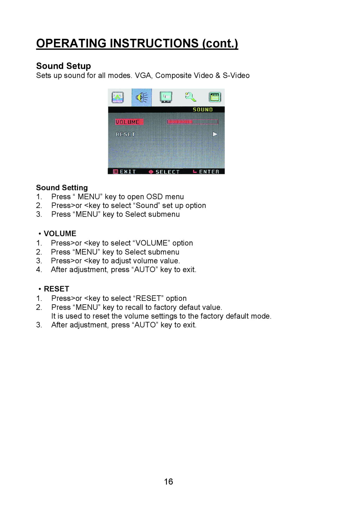 Planar PL1520M manual Sound Setting, ·Volume, ·Reset 