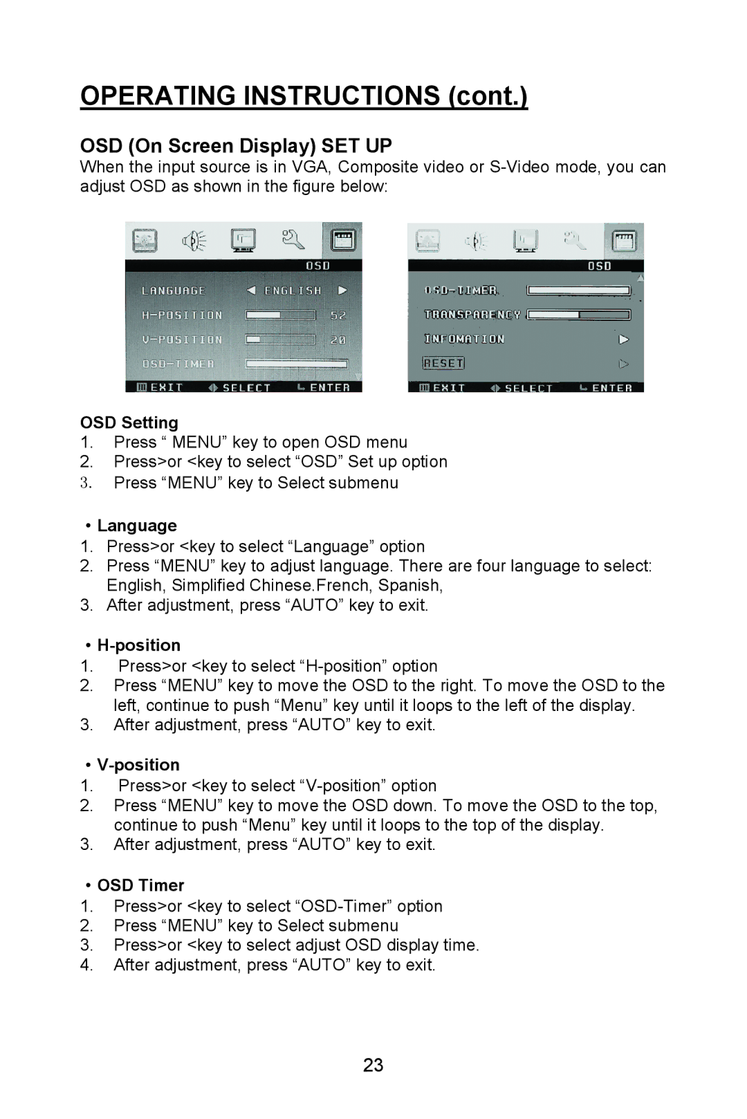 Planar PL1520M manual OSD Setting, ·Language, ·OSD Timer 