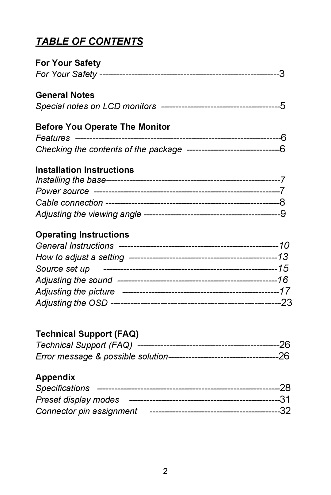 Planar PL1520M manual Table of Contents 