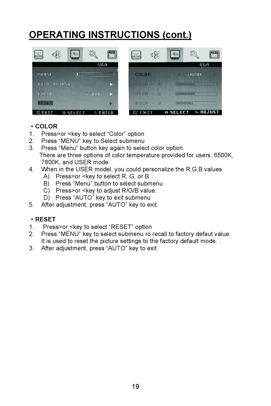 Planar PL1520M manual OPERATING INSTRUCTIONS cont, ·Color, ·Reset 