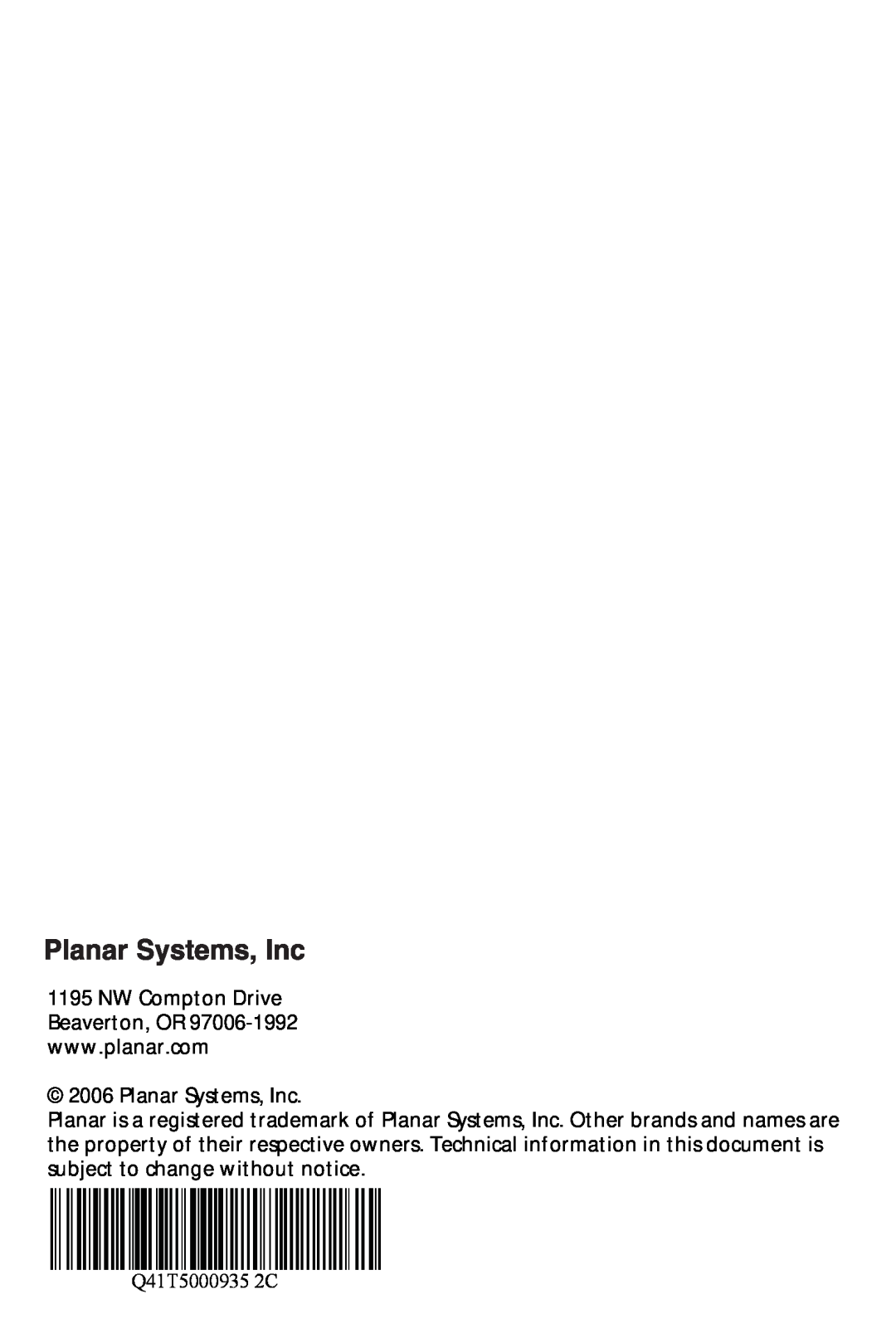 Planar PL1520M manual Planar Systems, Inc, Q41T5000935 2C 