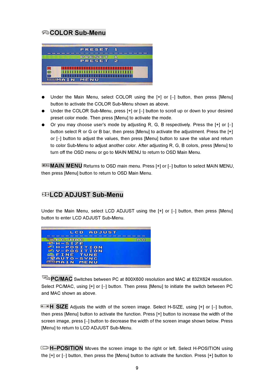 Planar PL170 manual Color Sub-Menu, LCD Adjust Sub-Menu 