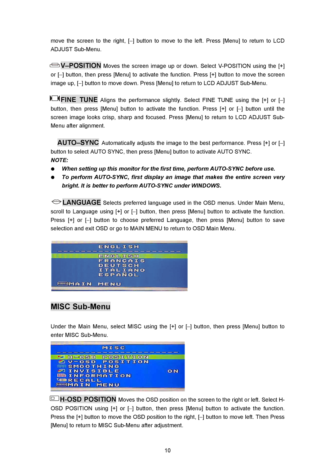 Planar PL170 manual Misc Sub-Menu 