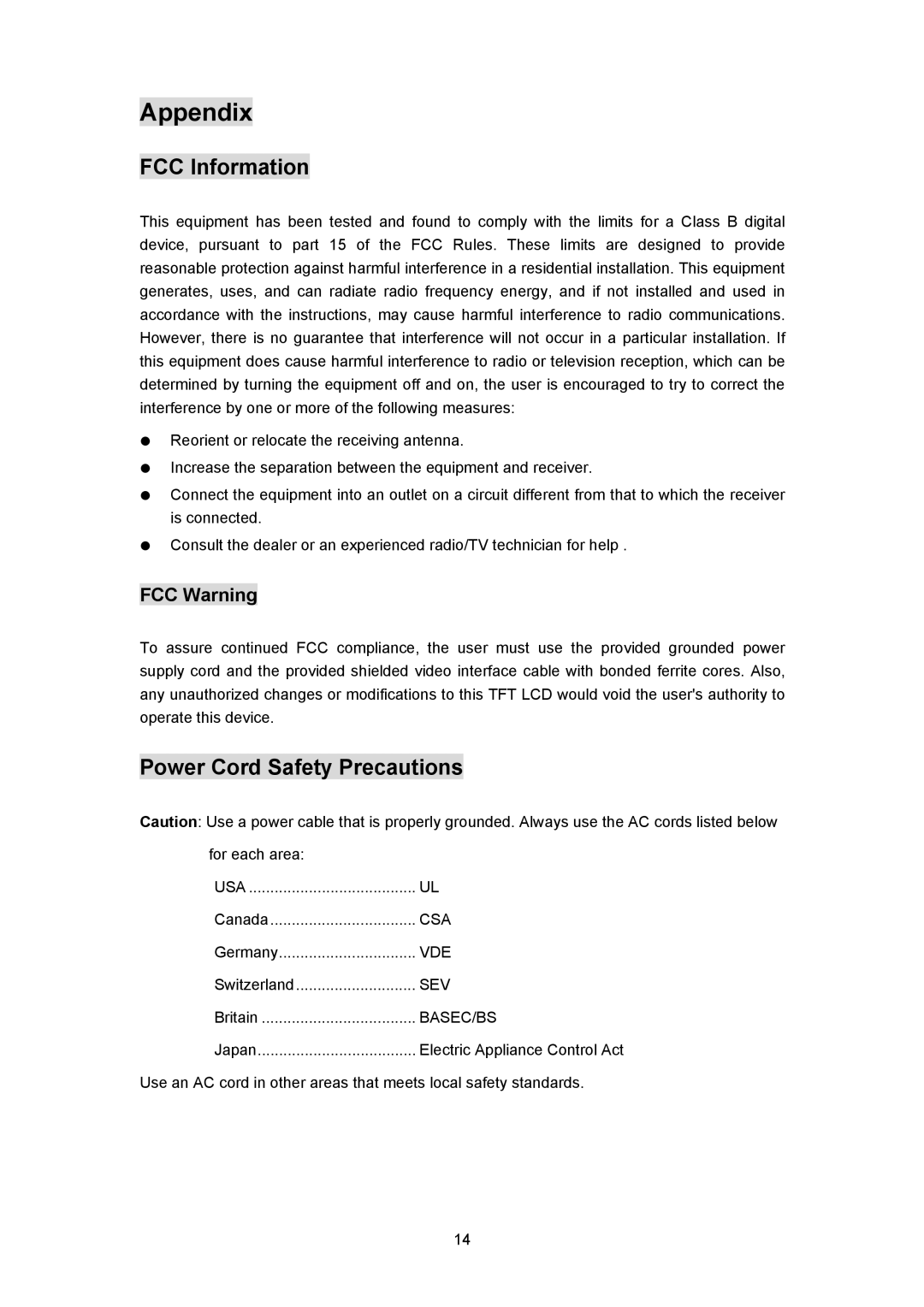 Planar PL170 manual Appendix, FCC Information, Power Cord Safety Precautions 