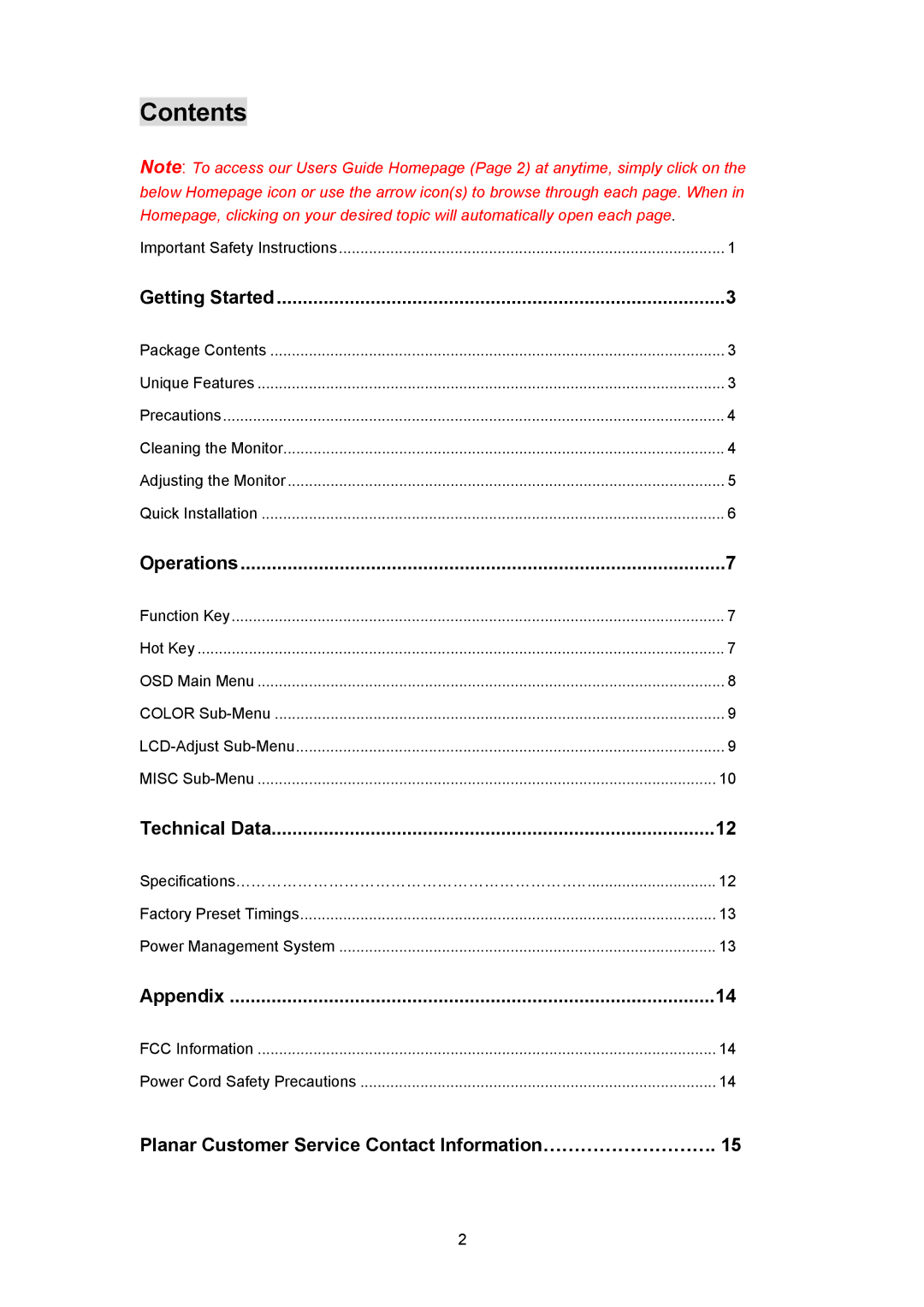 Planar PL170 manual Contents 