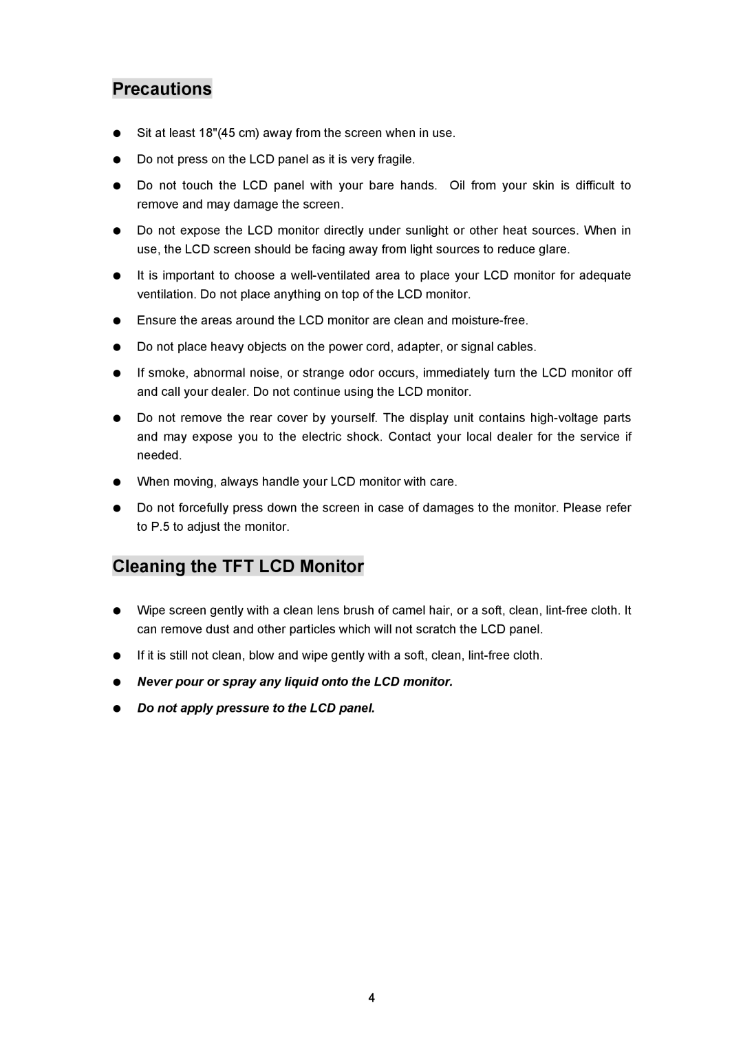 Planar PL170 manual Precautions, Cleaning the TFT LCD Monitor 